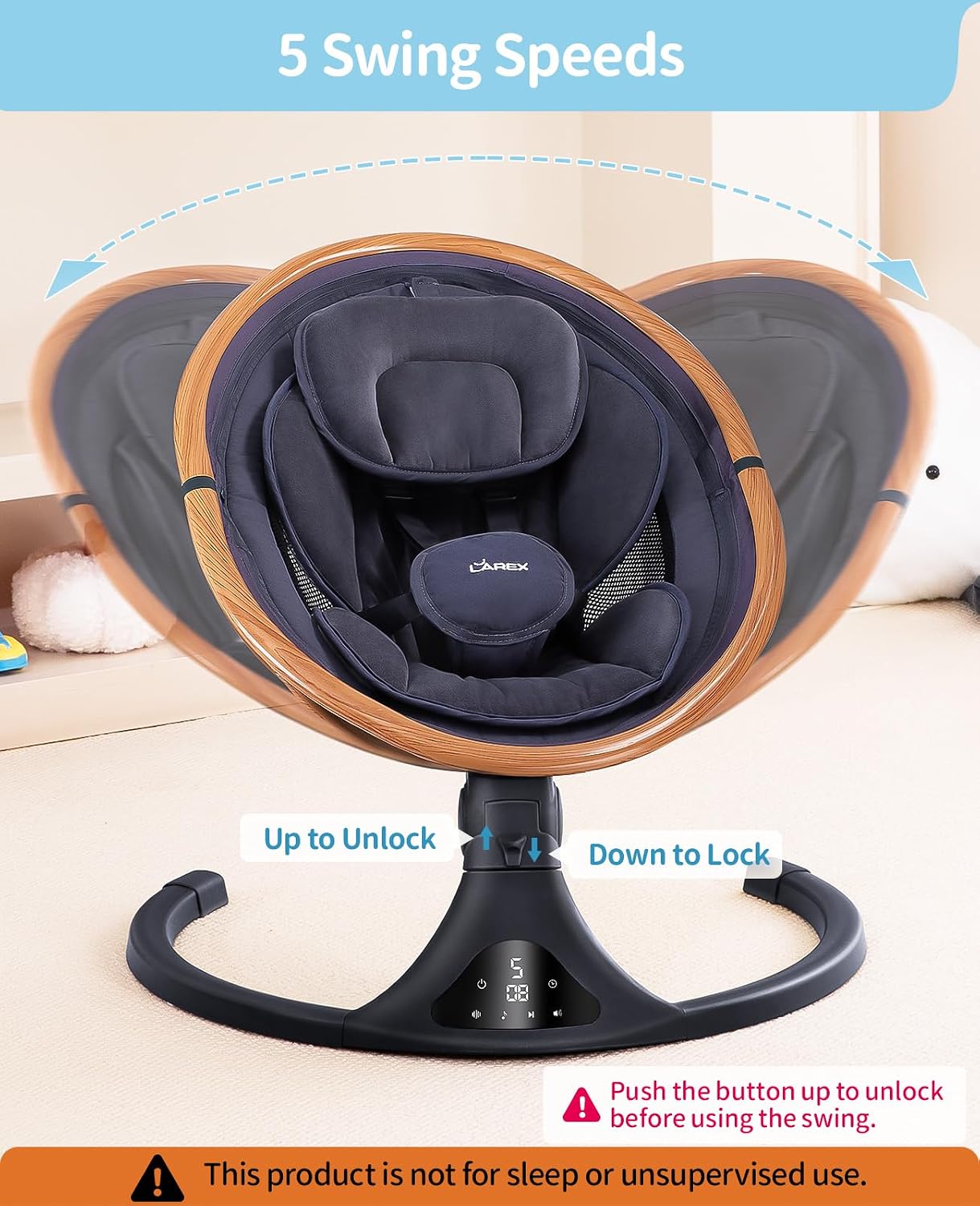 LAREX Baby Swing to Toddler Electric Infant Swing Portable for Newborn Boy Girl, 5 Sway Speeds with Remote Control, 12 Preset Melodies and Bluetooth, 0-6 Months Max 20 Lbs(Dark Wood Grain)