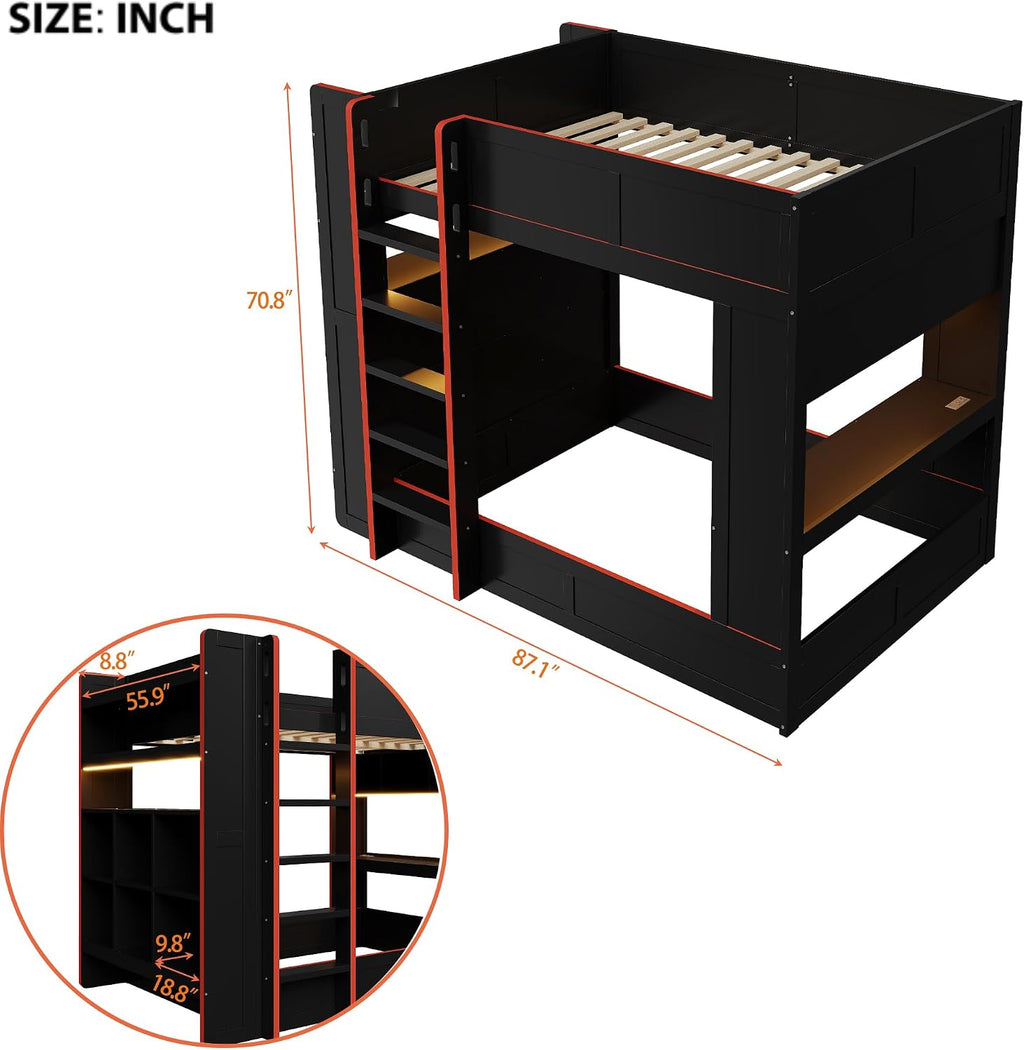 LUMISOL Full Size Gaming Loft Bed with Desk, Wood Bunk Bed Frame with Storage Shelves, LED and Charging Station, Black
