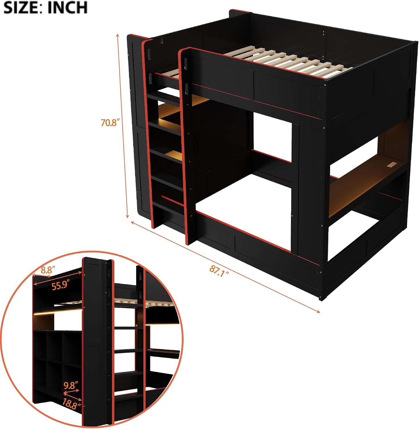 LUMISOL Full Size Gaming Loft Bed with Desk, Wood Bunk Bed Frame with Storage Shelves, LED and Charging Station, Black