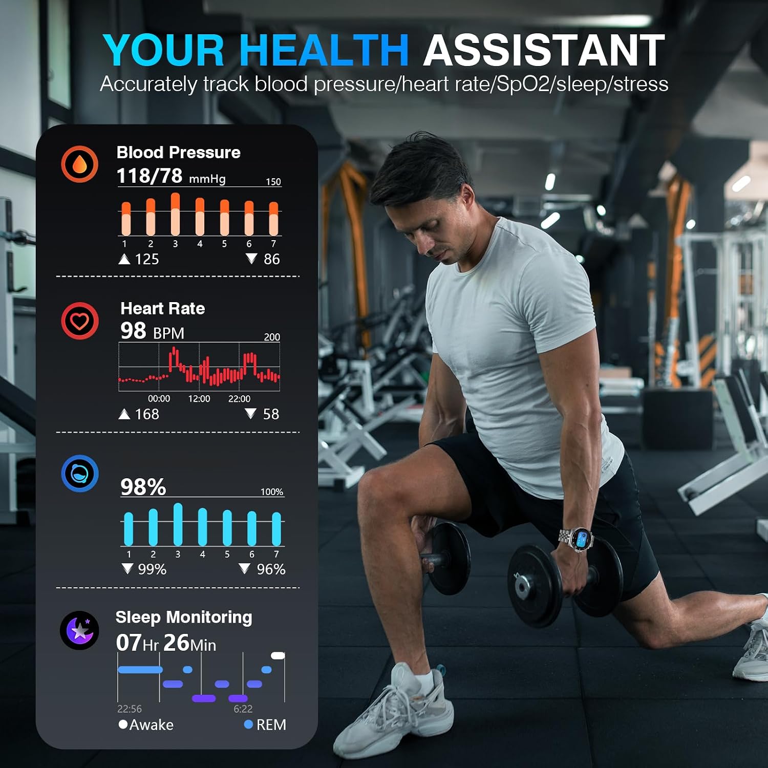 SOUYIE AI Smart Watch, DA GPT Waterproof Smartwatch, 1.19-inch AMOLED Display, 24/7 Heart Rate, Blood Oxygen, Blood Pressure, Sleep Monitor, 107 Sports Modes, Compatible Android and iOS Silver Black