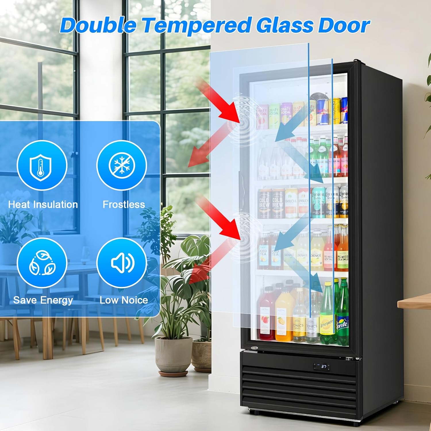 Commercial Beverage Refrigerator, 24.5' Glass Door Display Fridge, 15 Cu.Ft Freestanding Beverage Cooler with 4 Adjustable Shelves, Auto Rebound Door, Low Noise, for Shops, Restaurants & Bars, Black
