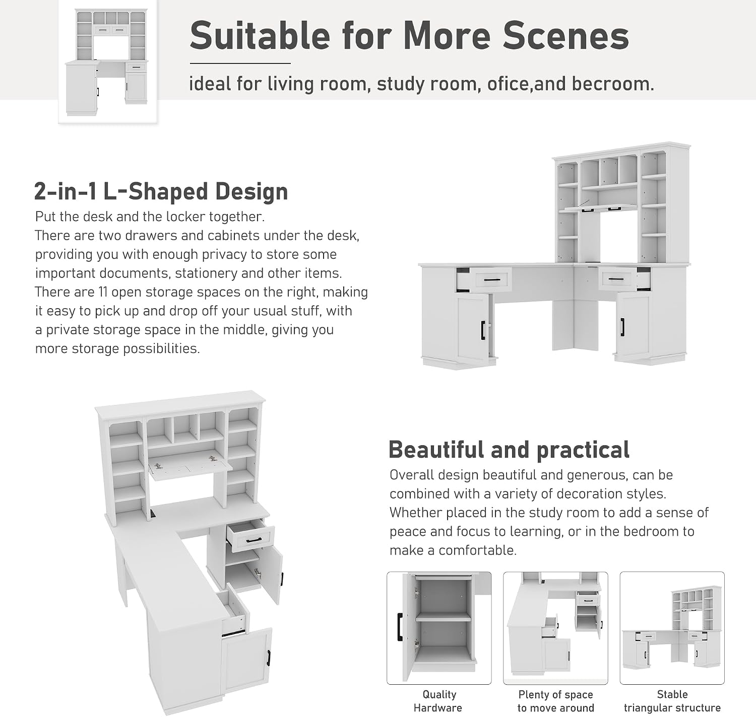 RuiSiSi L-Shaped Computer Desk with Hutch, Home Office Corner Desk with Drawers and Cabinet, Open Storage Shelves, Multi-Functional Writing Table for Study Room Bedroom Living Room, White