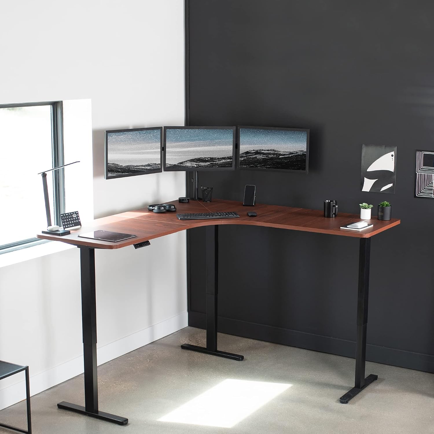VIVO Universal 71 x 71 inch Curved Corner Table Top for L-Shape Sit to Stand Height Adjustable Home and Office 3-Leg Desk Frames, Dark Walnut Desktop, DESK-TOP2CD