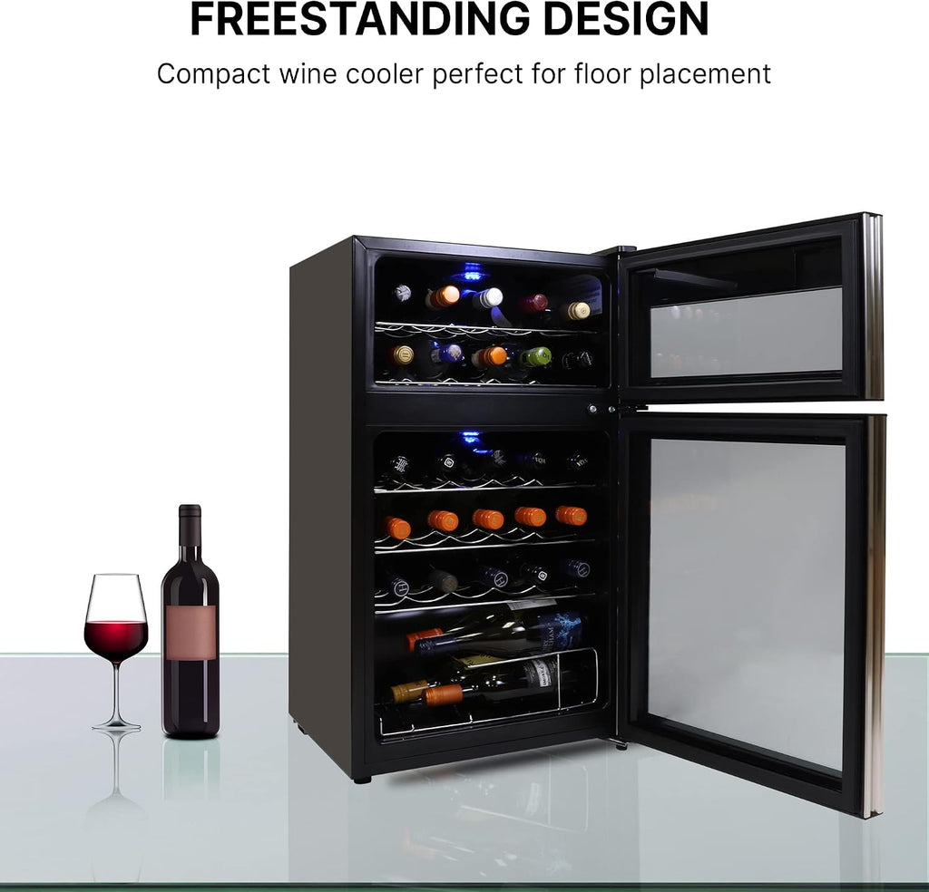 Koolatron 29 Bottle Dual Zone Wine Cooler, Black, 3 cu ft (86L) Compressor Wine Fridge, Freestanding Wine Cellar, Red, White, Sparkling Wine Storage in Home Bar, Kitchen, Apartment, Condo