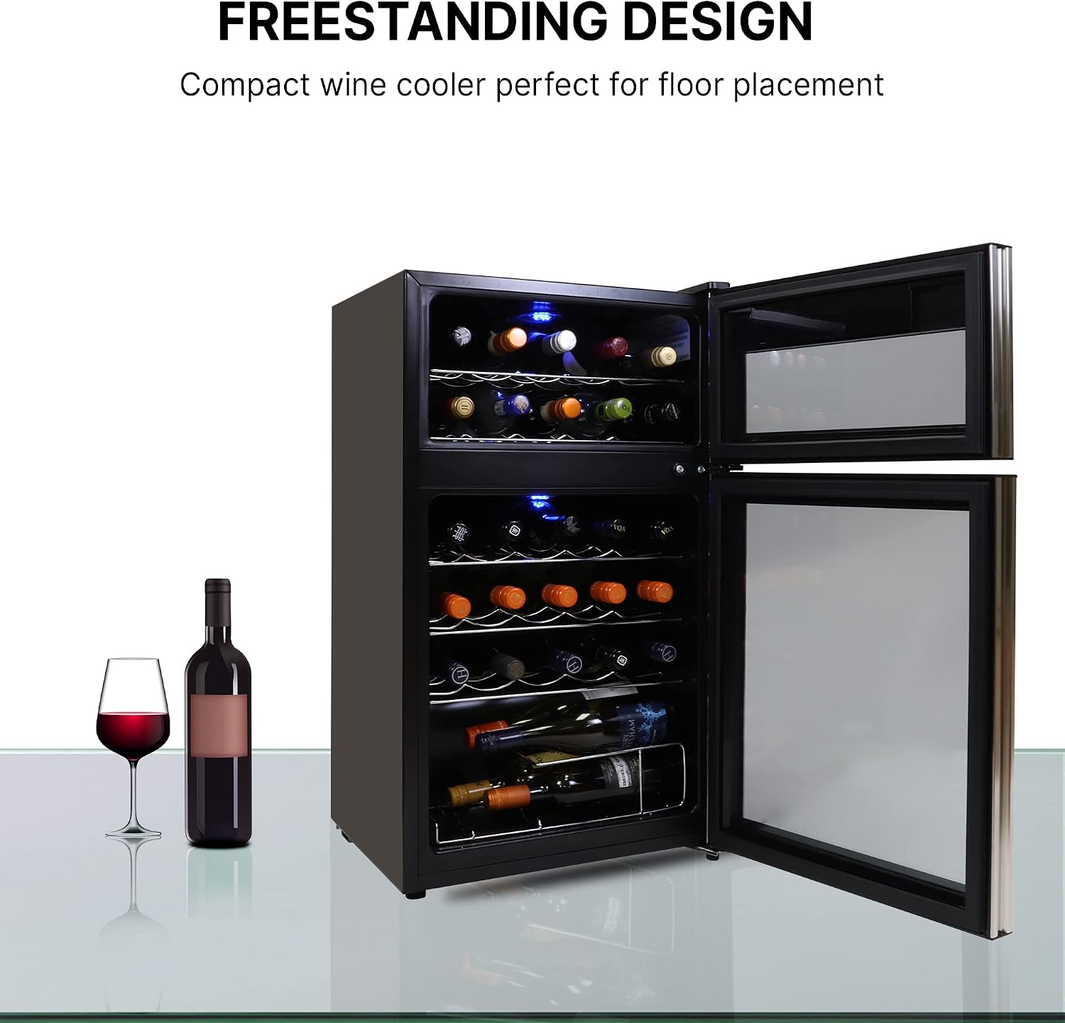 Koolatron 29 Bottle Dual Zone Wine Cooler, Black, 3 cu ft (86L) Compressor Wine Fridge, Freestanding Wine Cellar, Red, White, Sparkling Wine Storage in Home Bar, Kitchen, Apartment, Condo