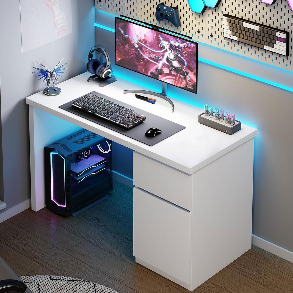 furtble White Desk with Drawers, 47 Inch Small Cute Desk for Bedroom, Home Office PC Desks Workstation Study Table Desks with Storage, White