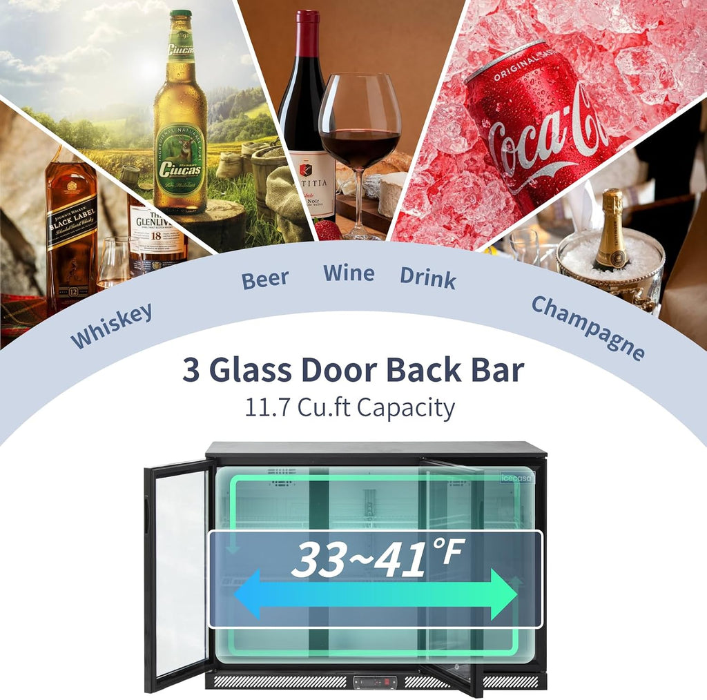 ICECASA 52.6' W Beverage Refrigerators 3 Glass Door Back Bar Refrigerator Commericial Undercounter cooler Wine Merchandiser 11.7 Cu.ft for Soda Beer