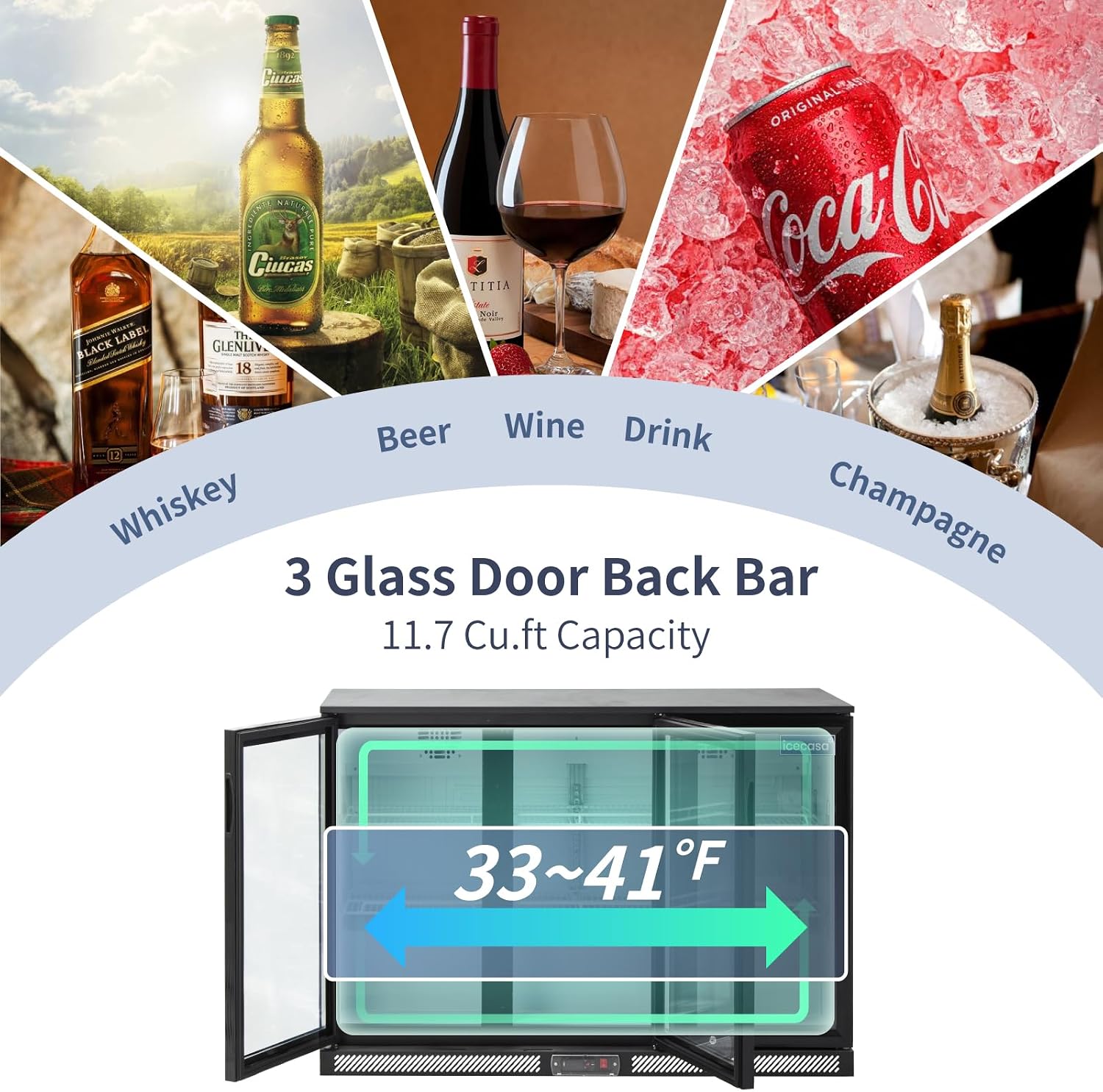ICECASA 52.6' W Beverage Refrigerators 3 Glass Door Back Bar Refrigerator Commericial Undercounter cooler Wine Merchandiser 11.7 Cu.ft for Soda Beer