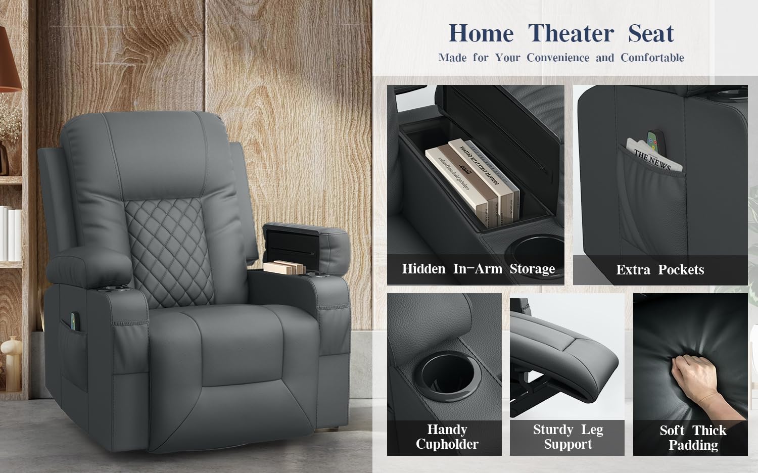 FURNIMAT Recliner Chairs for Adults, Massage Rocker with Heated Modern Ergonomic Lounge 360 Degree Swivel Single Sofa Seat Living Room Lounge Recliners Gray