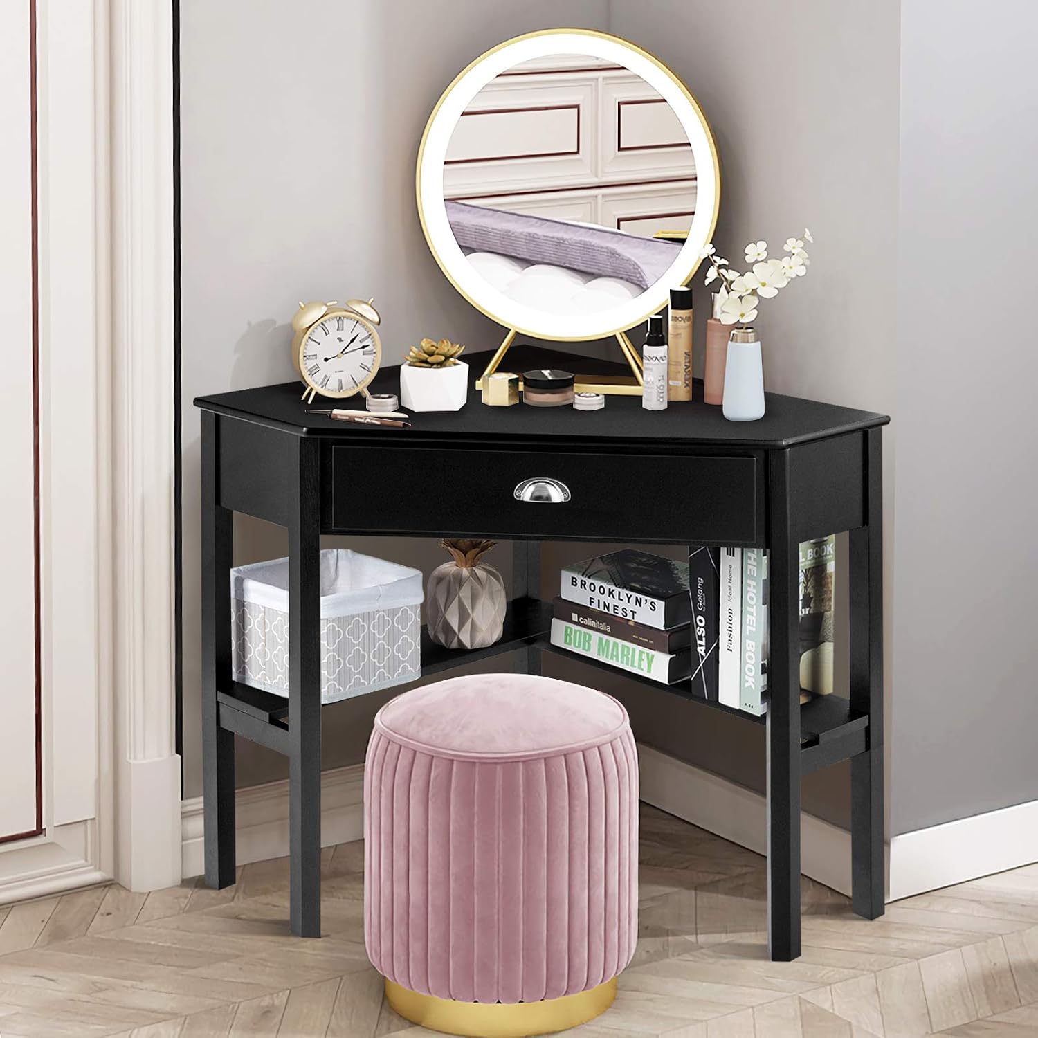 COSTWAY Corner Desk with Drawer for Small Space, Wood Makeup Vanity, Shelves, Office Study Workstation (Black)