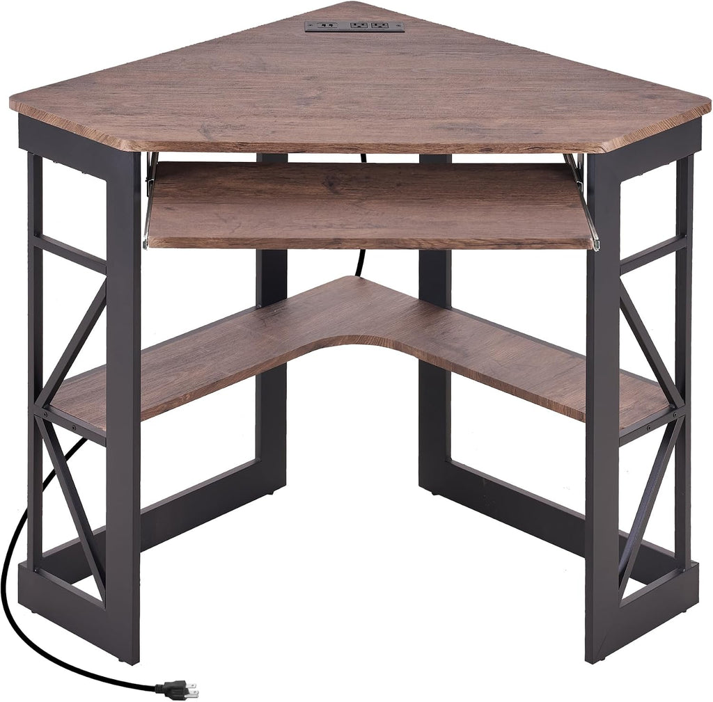 VECELO Corner Desk Computer Desk 41'x30'with Charging Station & Keyboard Tray & Storage Shelves for Small Space,Triangle Table for Home Office Bedroom,Rustic Natural Brown