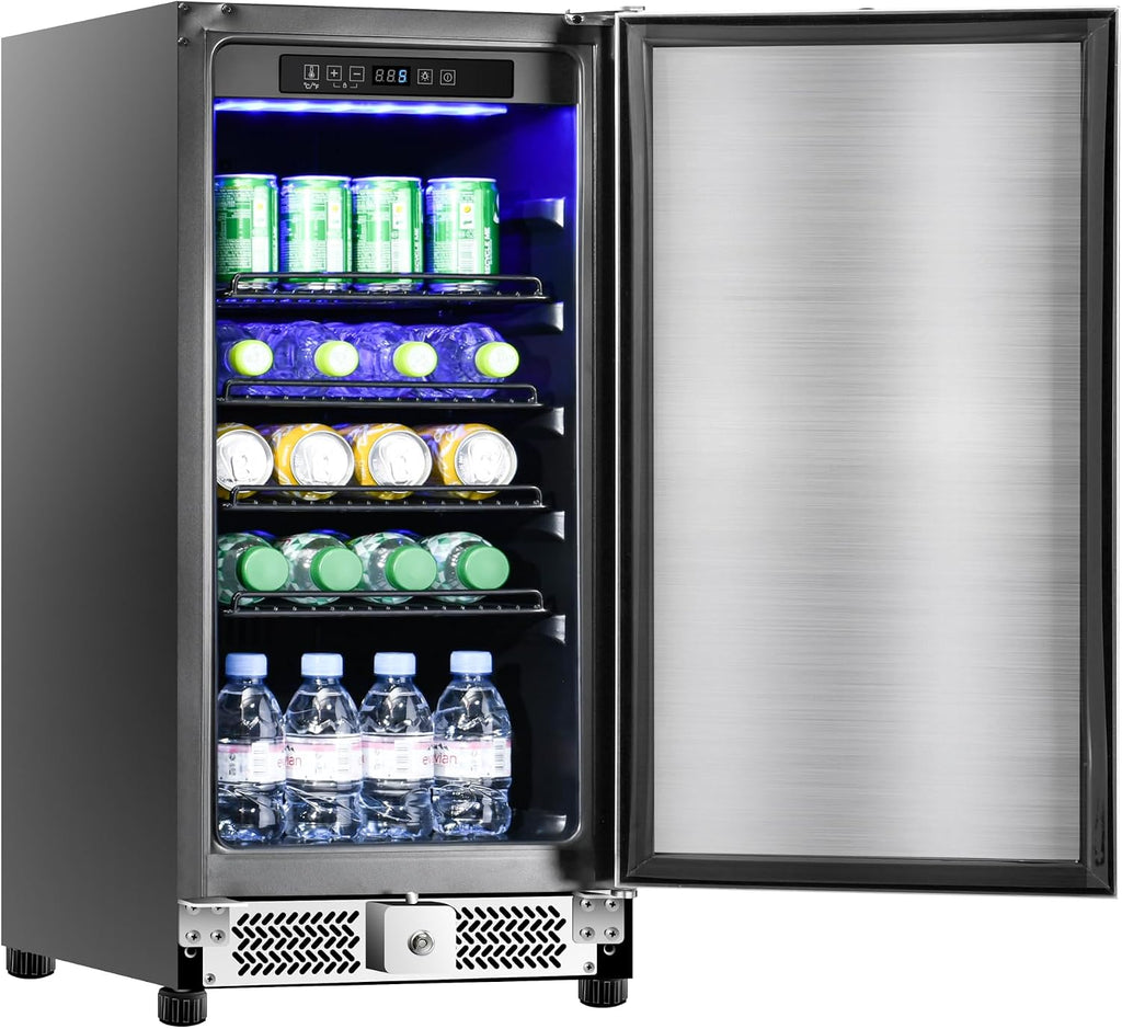 15 inch Outdoor Beverage Refrigerator, Under Counter fridge, 120 Cans Outdoor Wine Cooler with Stainless Steel Finish for Beer, Soda, Freestanding Small Drink Cooler