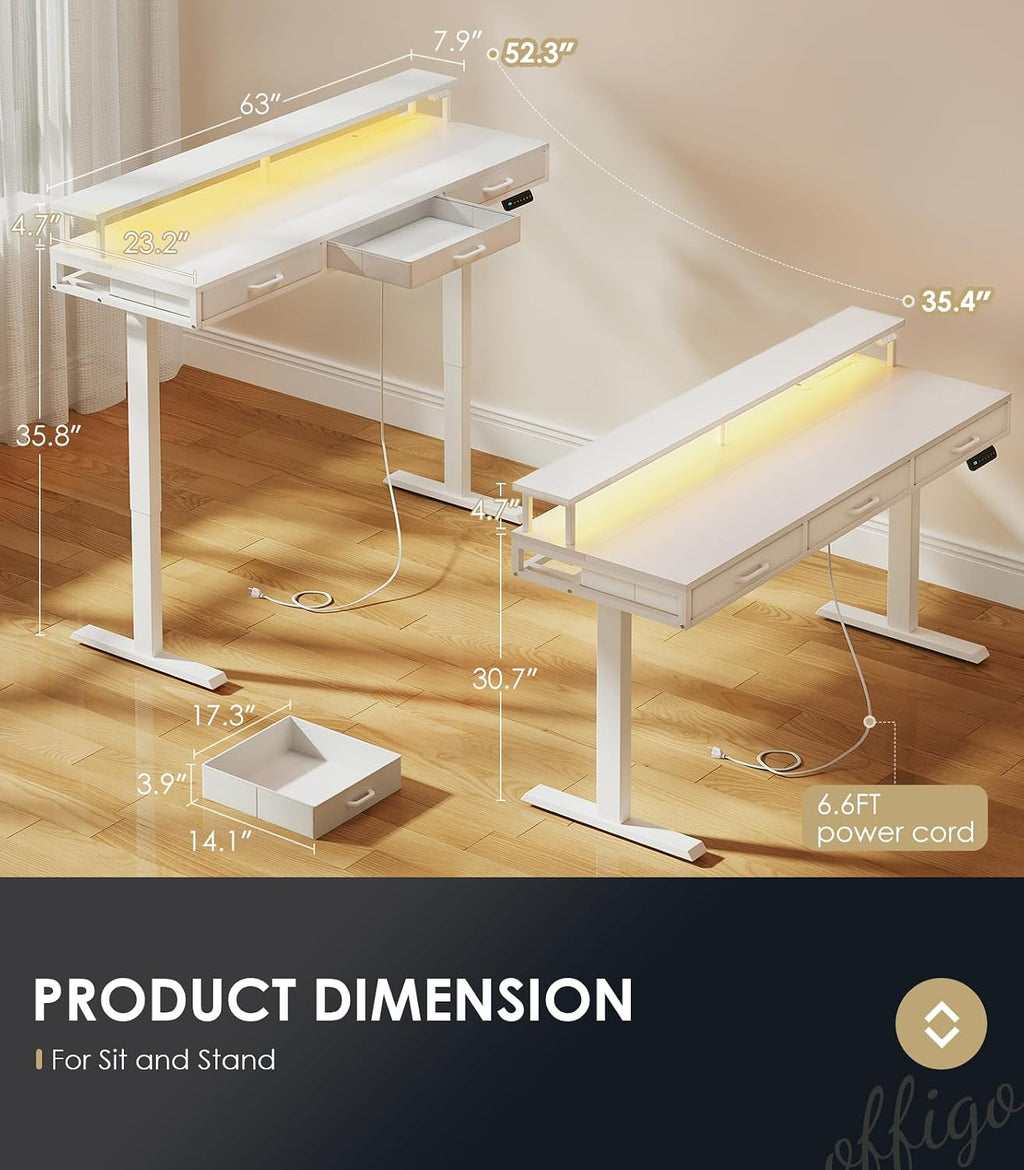 OffiGo Electric Standing Desk with Drawers, 63 Inch Height Adjustable Desk with Power Outlets & LED Lights, Sit Stand Table with Monitor Stand for Home, Office, Workstation, White