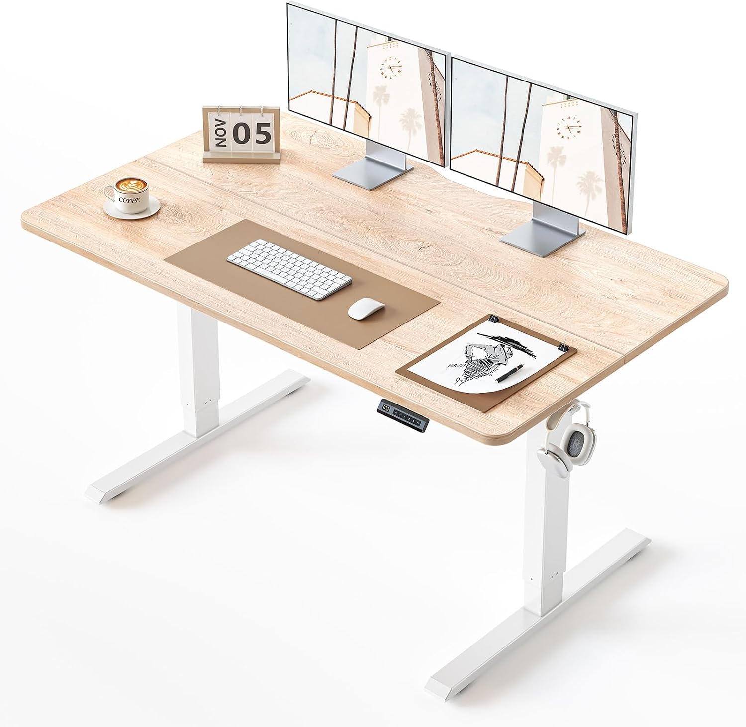 BANTI 55 × 28 Inches Standing Desk, Ergonomic, Electric Height Adjustable, Sit and Stand Up, Computer Office Desk with Splice Board, White Frame/Maple Top