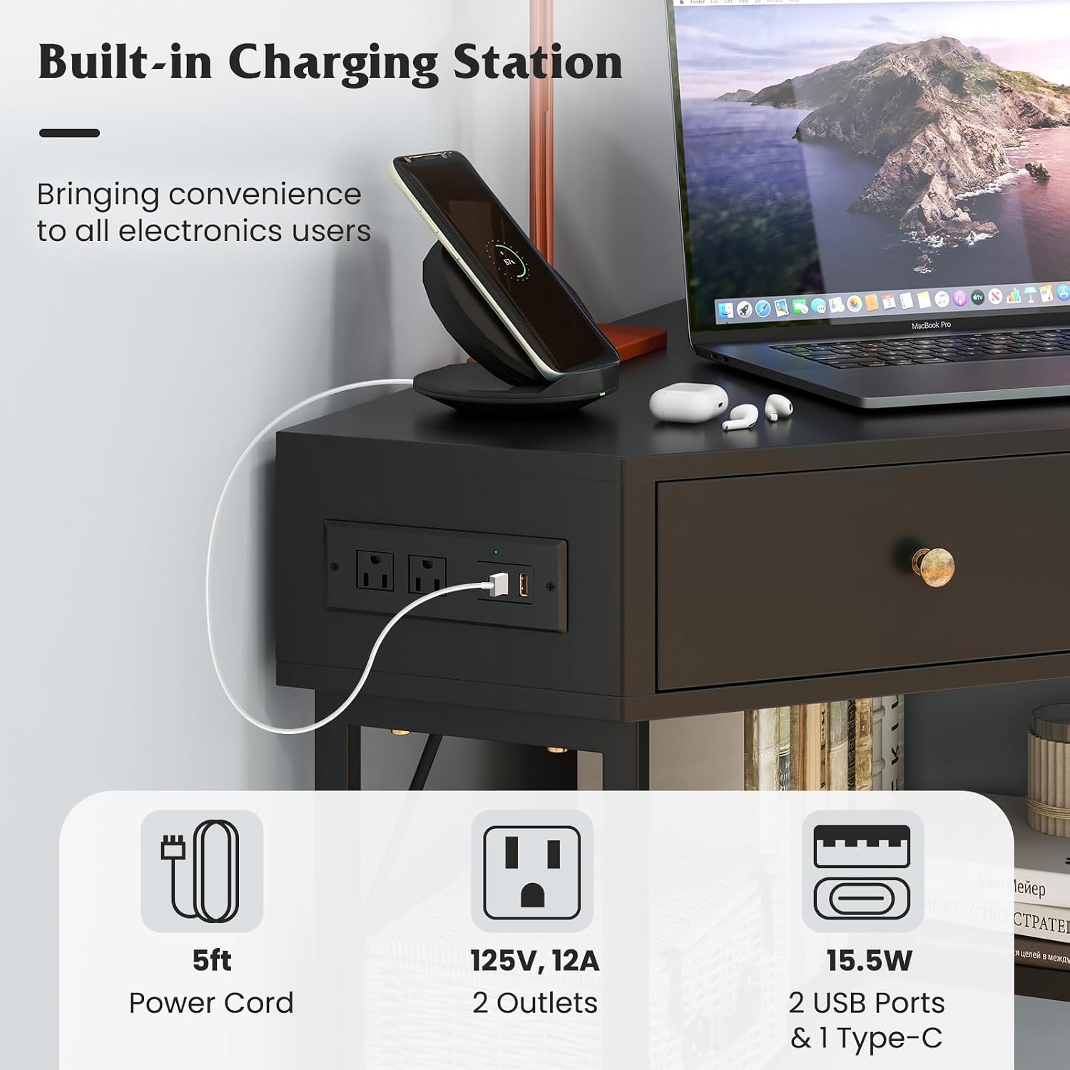 Tangkula Corner Desk with 2 Drawers & Built-in Charging Station, 90 Degrees Triangle Computer Desk for Small Space, Bedroom Makeup Vanity Desk with Storage Shelves, Corner Writing Desk