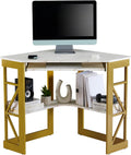 VECELO Corner Desk Computer Desk Writing Table with Smooth Keyboard Tray&Storage Shelves for Small Spaces/Compact Home Office Triangle Table,Gold & White