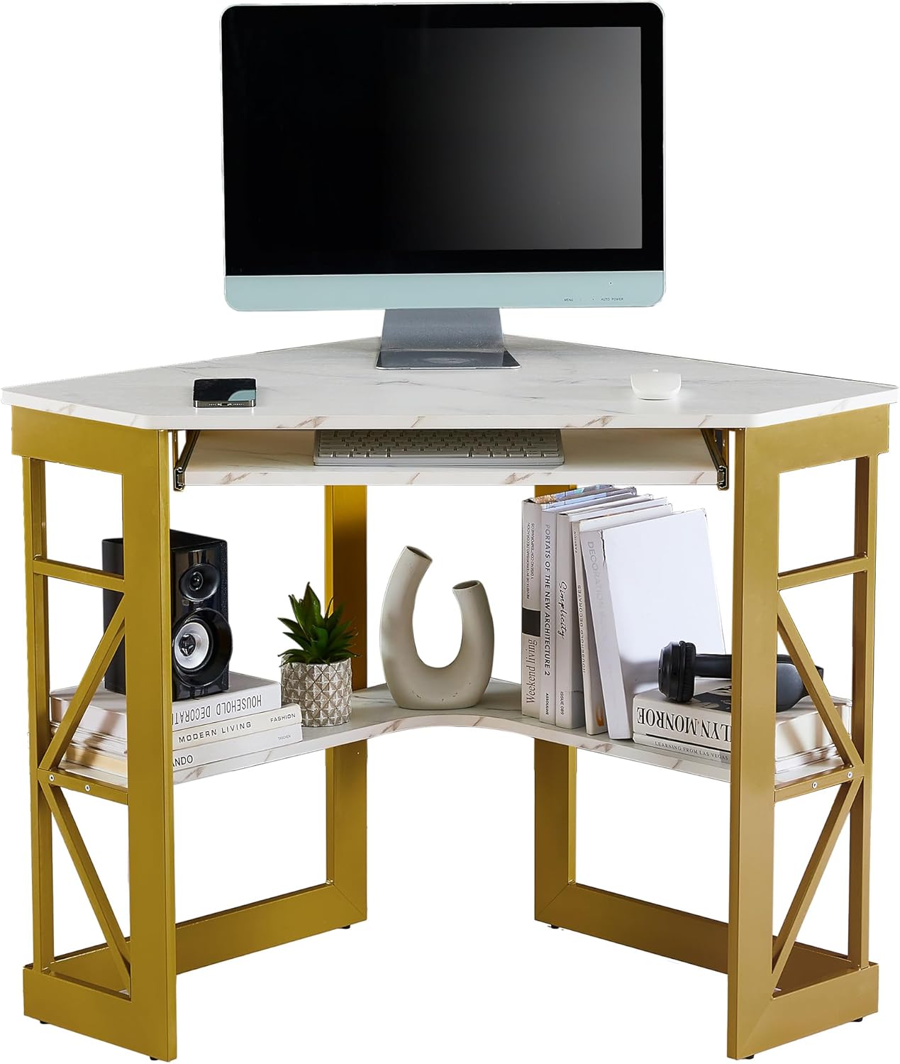 VECELO Corner Desk Computer Desk Writing Table with Smooth Keyboard Tray&Storage Shelves for Small Spaces/Compact Home Office Triangle Table,Gold & White