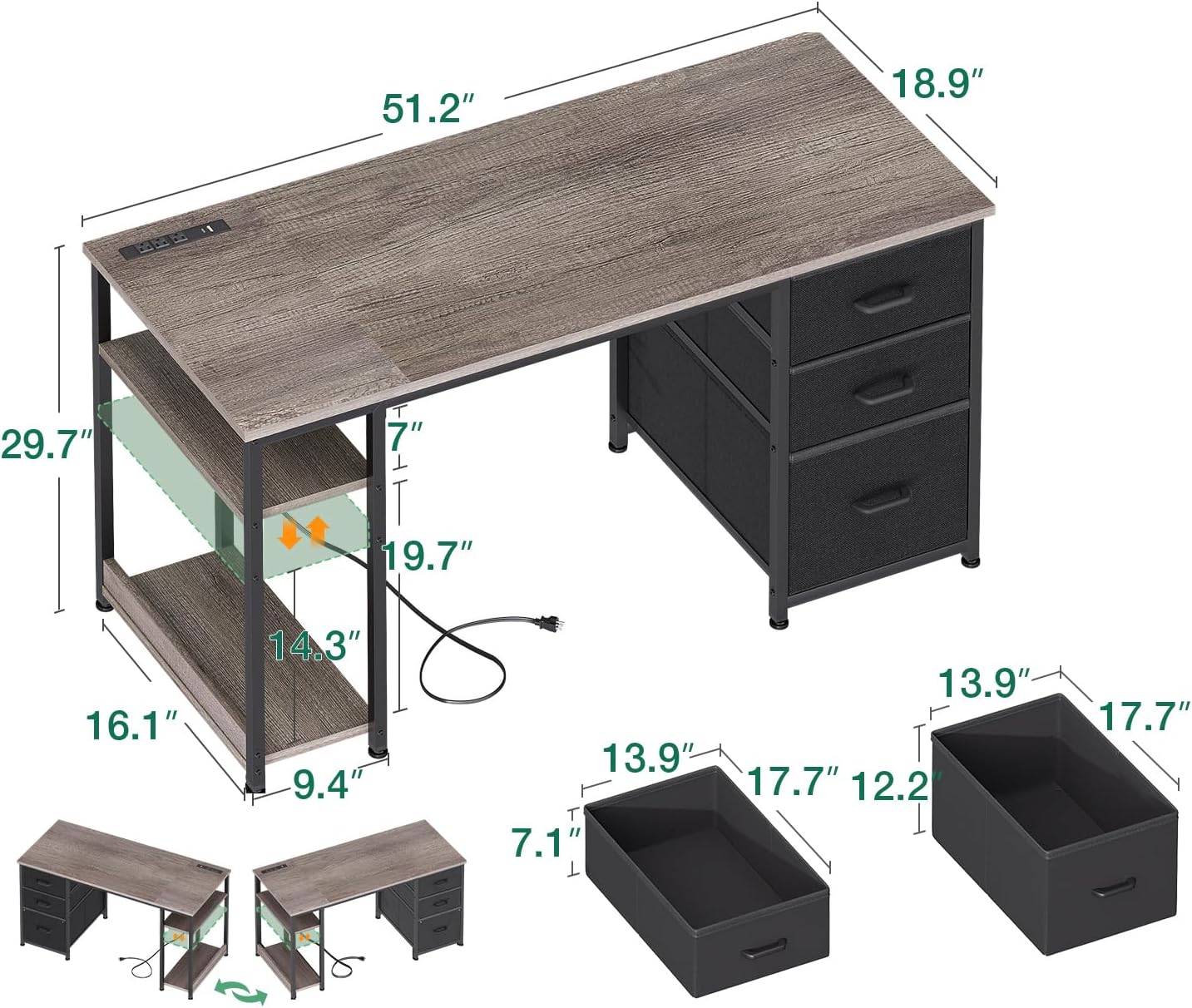 AODK 51 Inch Computer Desk with Fabric Drawers & USB Power Outlets - Reversible Home Office Desk with Storage Shelves, Work from Home, Modern Work/Writing/Study Table for Bedroom, Grey Oak