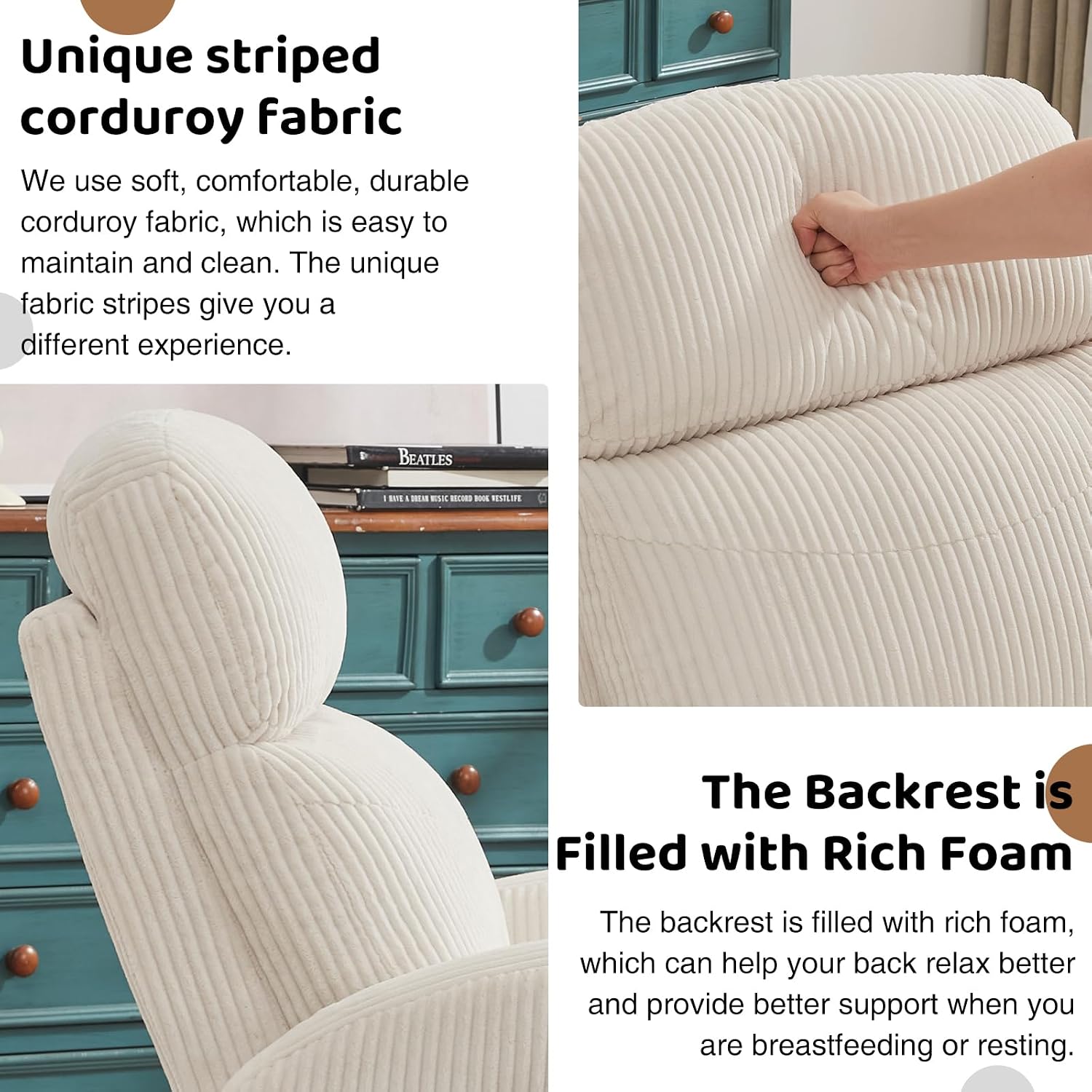 Power Nursery Glider Recliner, Swivel Glider Recliner with USB & Type-C Port, Swivel Reclining Nursery Rocker with Double Pockets for Living Room, White,Corduroy