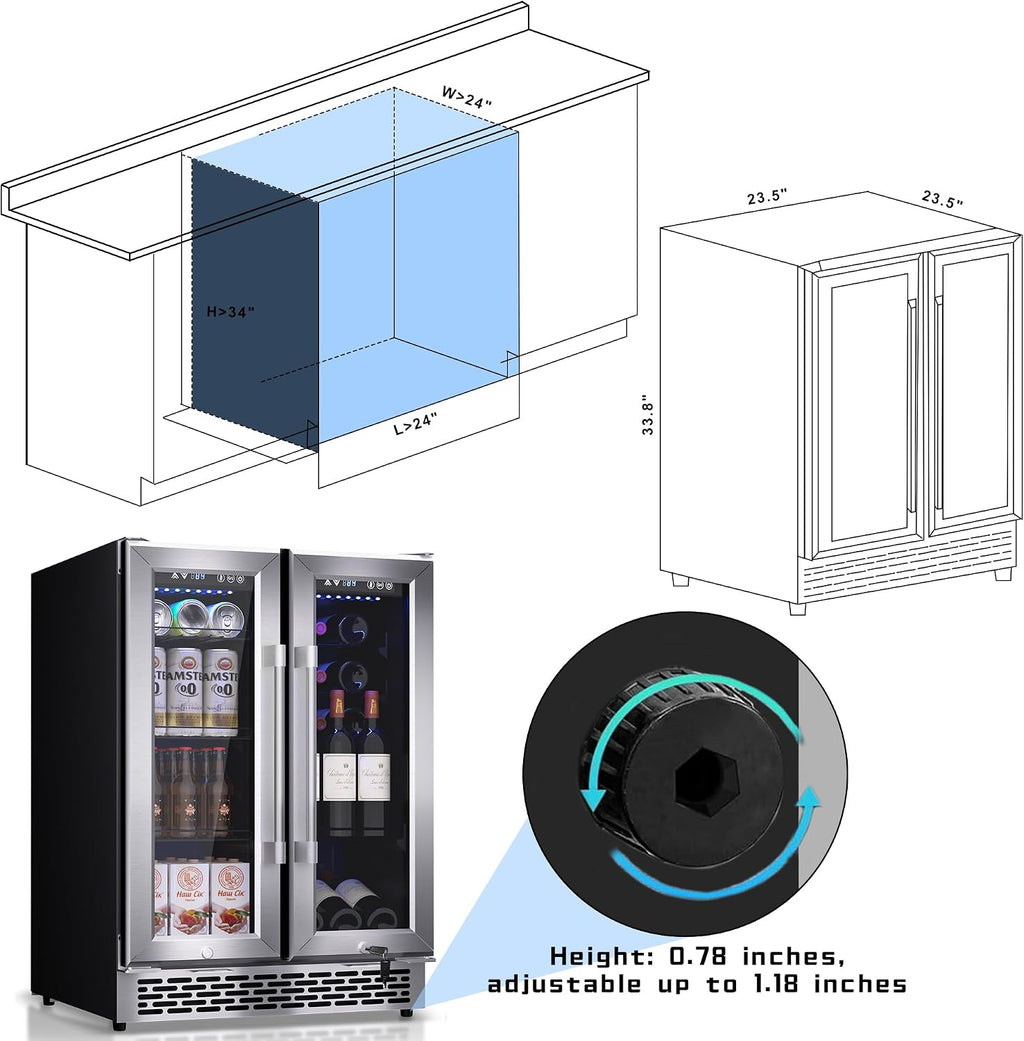 Under Counter Beverage Refrigerator – 160 Can & 20 Bottle Capacity, Dual Zone Built-In Beverage Cooler with Glass Door and Quiet Advanced Cooling System, Ideal for Beer, Wine, Soda