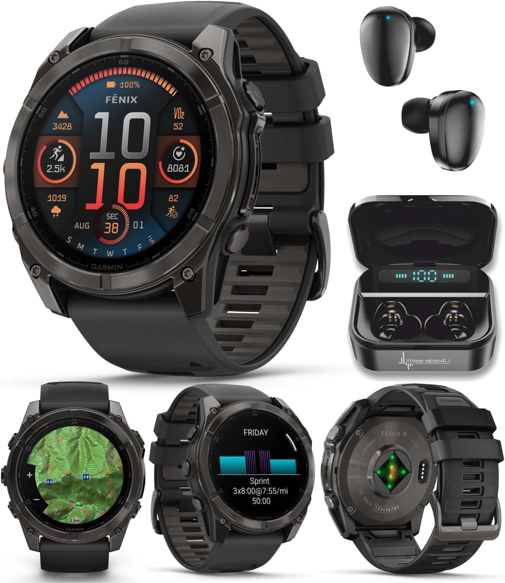 Garmin Fenix 8 51 mm, AMOLED Multisport GPS Smartwatch, Sapphire, Carbon Gray DLC Titanium with Black/Pebble Gray Silicone, Built-in LED Flashlight, Voice Control Black Earbuds Bundle