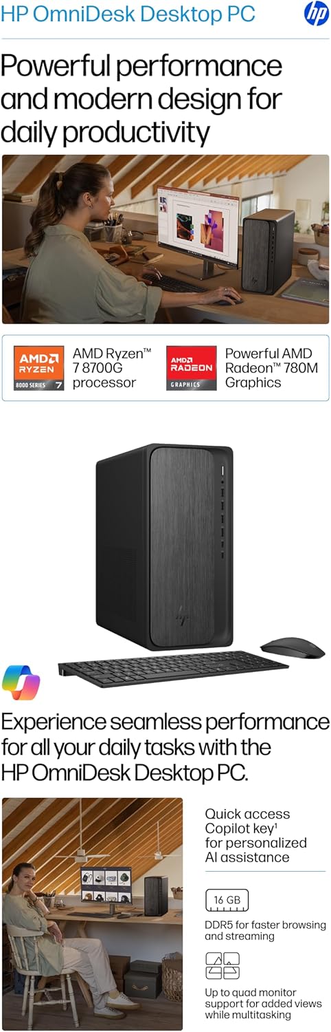 HP OmniDesk Desktop, AI PC with 16 NPU Tops, 8-Core AMD Ryzen 7-8700G CPU (Upto 5.1GHz), 64GB DDR5 RAM, 2TB SSD, USB-C, Wi-Fi 6, Dual Monitor Support, Bluetooth, Windows 11 Pro, Wireless KB & Mouse