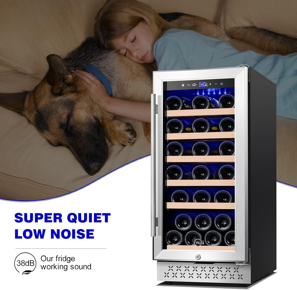 Tylza 15 Inch Wine Cooler Under Counter, 30 Bottles Built-in Wine Fridge with Stainless Steel Tempered Glass Door, Temp Memory Function, Freestanding Fast Cooling Wine refrigerator, Quiet Operation