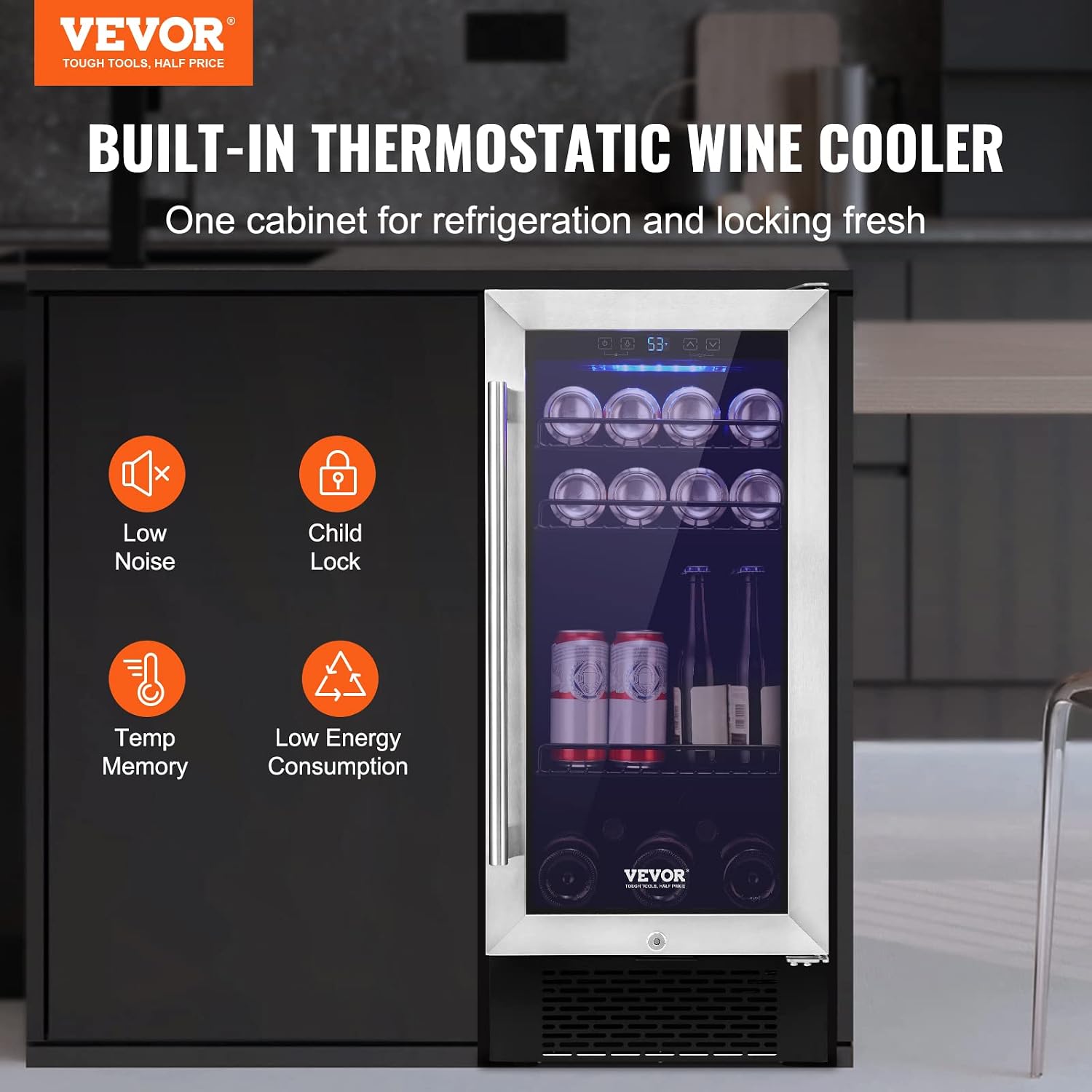 VEVOR 15' Beverage Refrigerator, 96 Cans Under Counter Built-in or Freestanding Beer Fridge, Blue LED Light, Adjustable Shelves, Child Lock, ETL