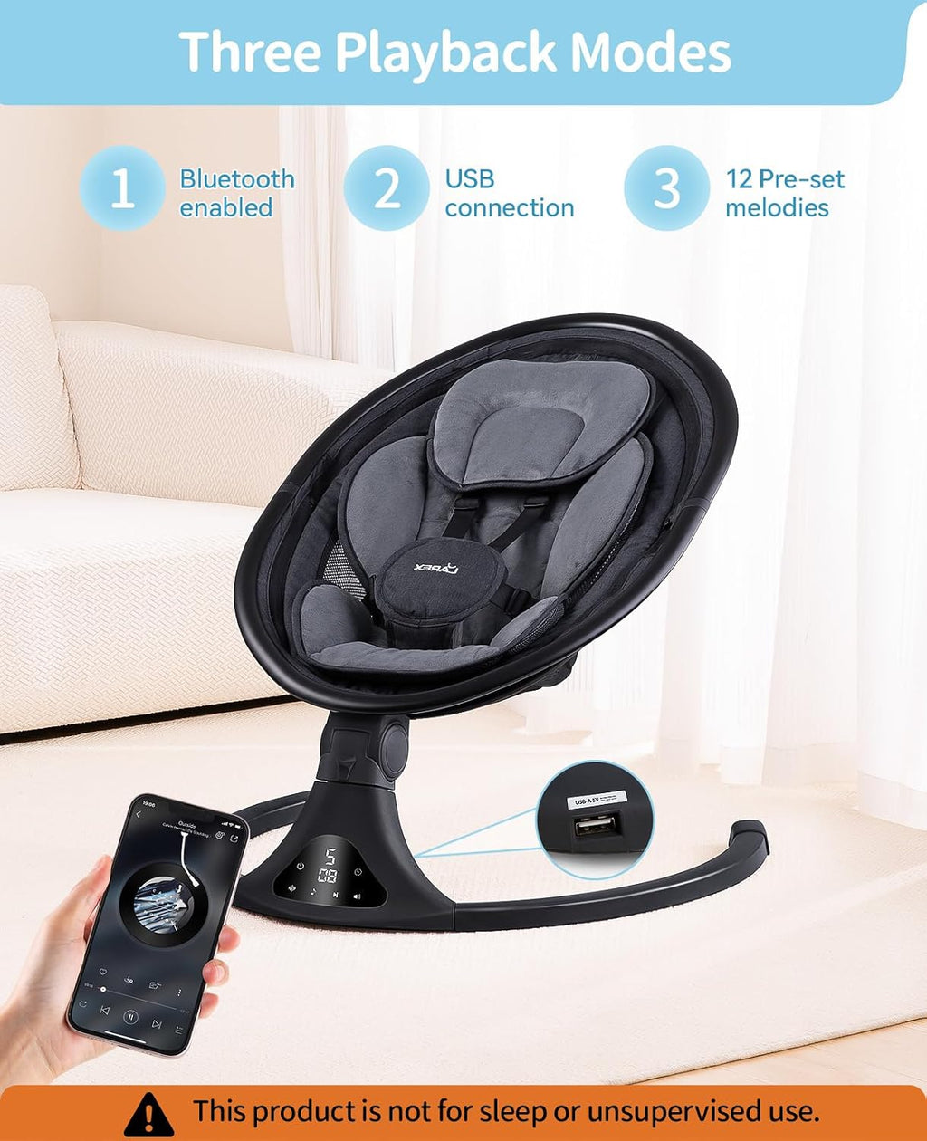 LAREX Baby Swing to Toddler Electric Infant Swing Portable for Newborn Boy Girl, 5 Sway Speeds with Remote Control, 12 Preset Melodies and Bluetooth, 0-6 Months Max 20 Lbs (Modern Black)