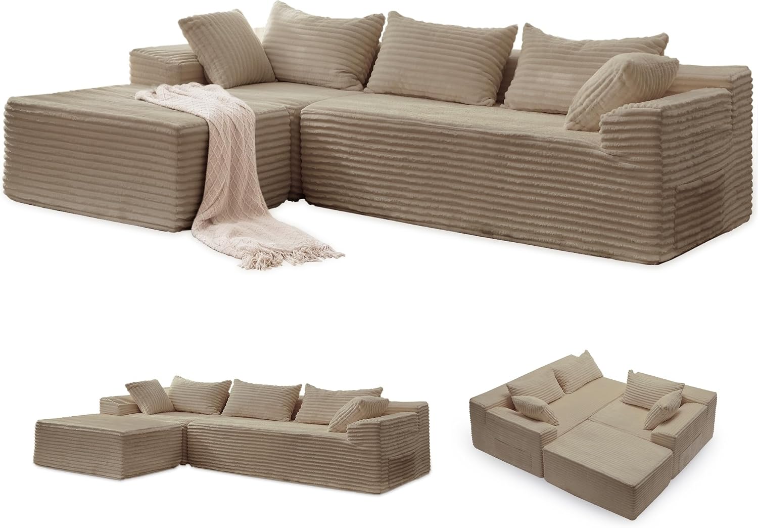 Korser 110' L-Shaped Modular Sectional Sofa with Chaise, Boneless Comfy Corduroy Fluffy Couch with Deep Seat and Side Pockets, Flexible Module Combination for Living Room, No Assembly, Side Pockets