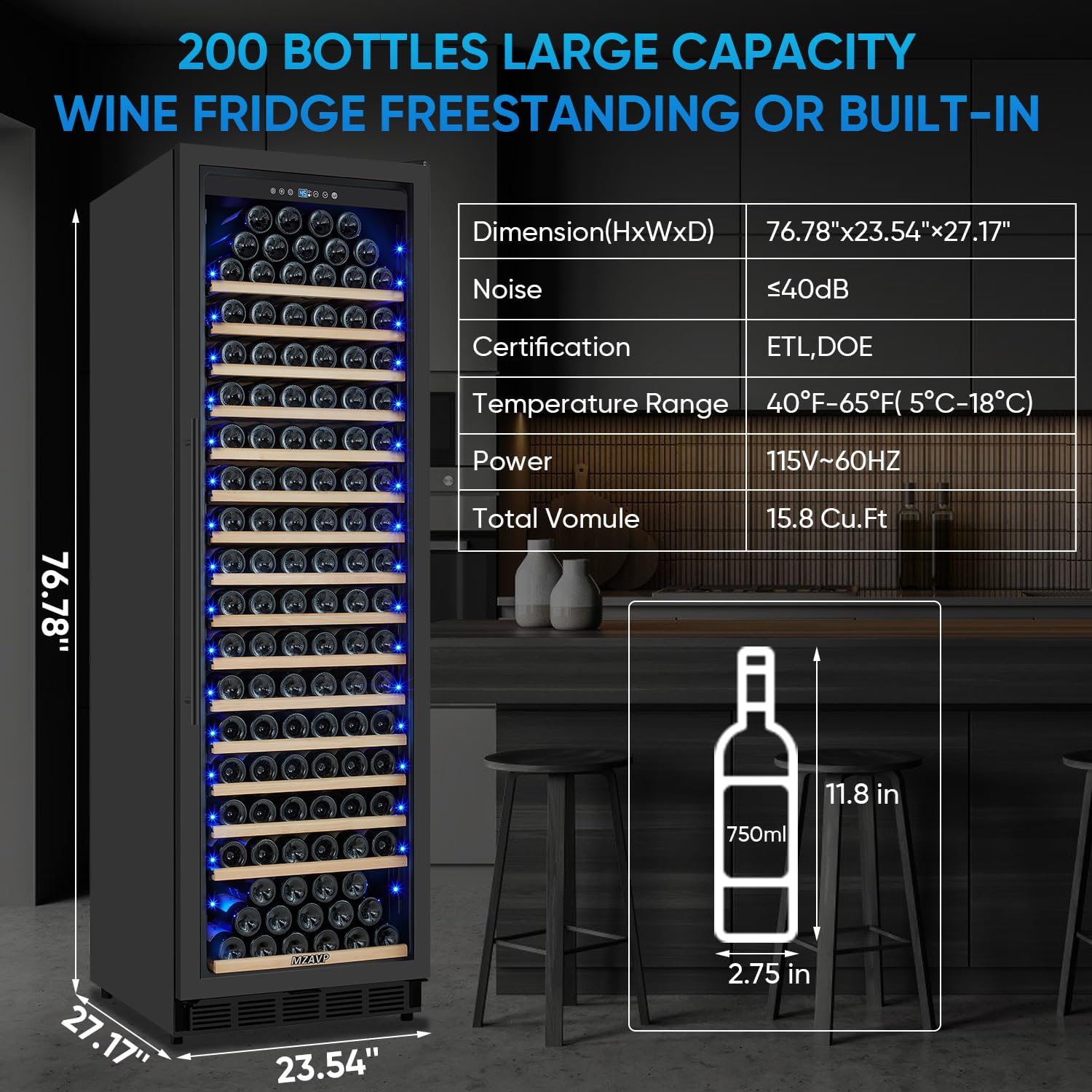 Large Wine Fridge, 200 Bottles Wine Fridge with Fast Cooling and Intelligent Temperature Memory, Wine Cooler Refrigerator Freestanding or Built-in, Tall Wine Refrigerator with Glass Door, Black