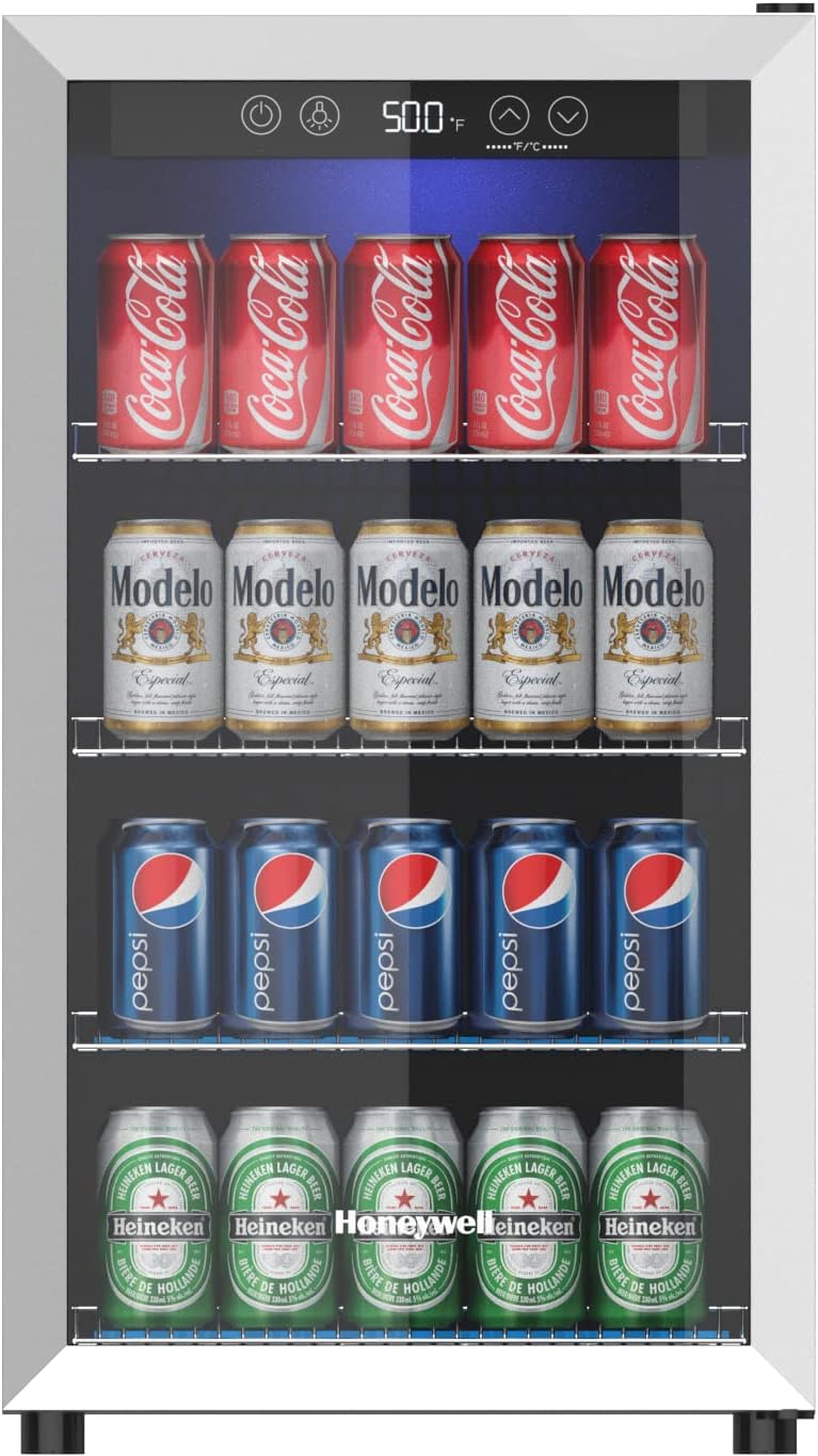 Honeywell Beverage Refrigerator and Cooler, 115 Can Mini Fridge with Glass Door for Soda Beer or Wine for Office & Mind Reader SNACKCAR Supreme Snack organizer, 14 x 14.5 Round, Black