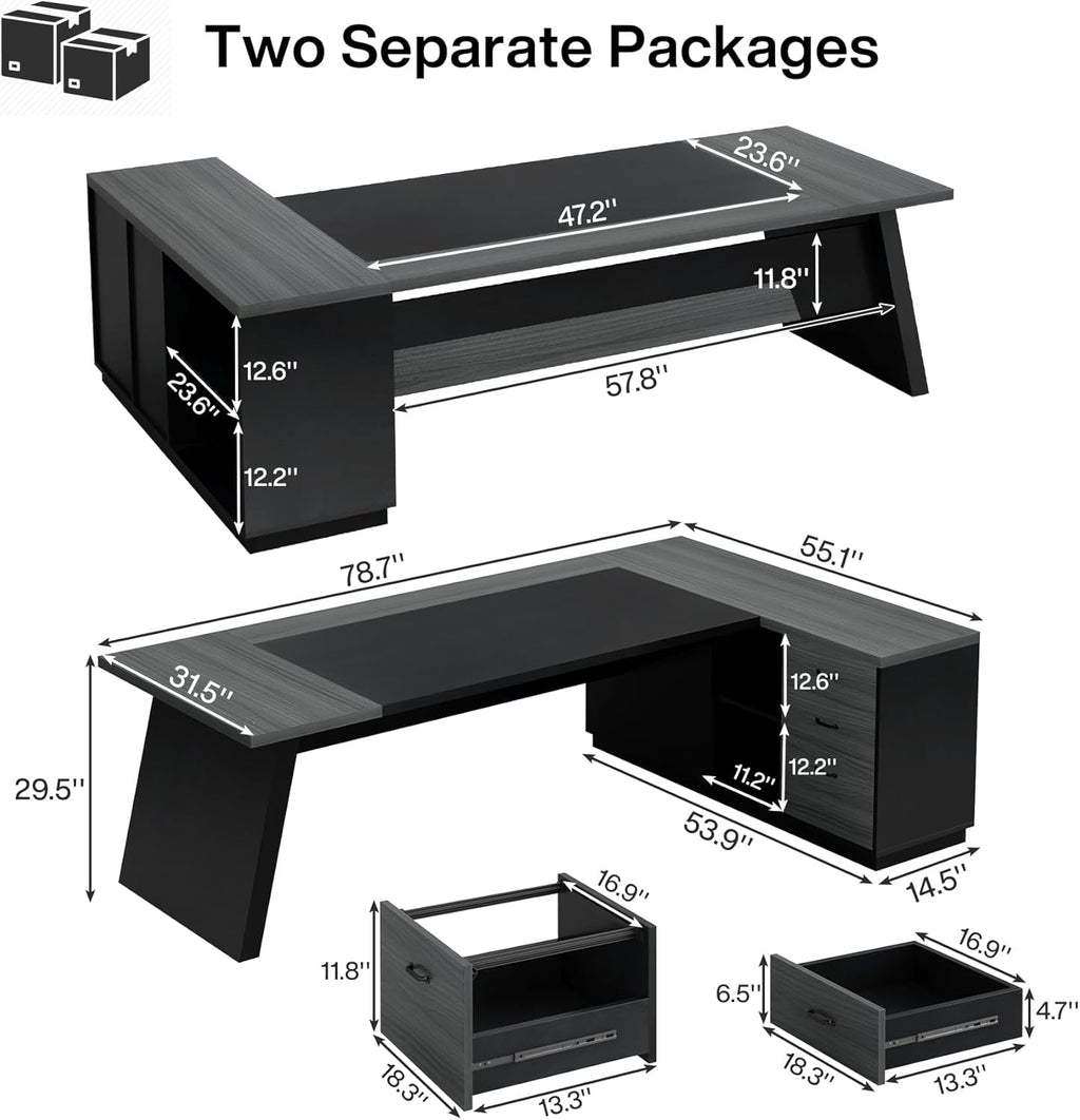 Tribesigns L-Shaped Executive Desk, 78-Inch Modern Office Desk with Drawers and Lateral File Cabinet, Large Bussiness Furniture with Storage Shelves, Workstation for Home Office (Grey + Black)