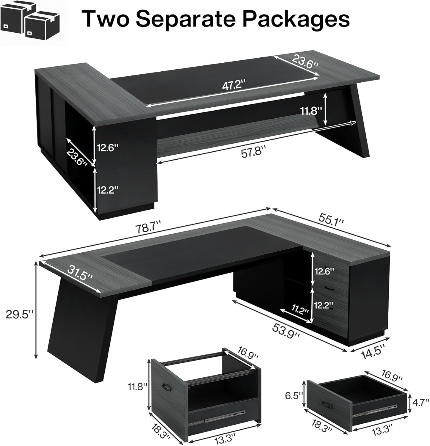 Tribesigns L-Shaped Executive Desk, 78-Inch Modern Office Desk with Drawers and Lateral File Cabinet, Large Bussiness Furniture with Storage Shelves, Workstation for Home Office (Grey + Black)