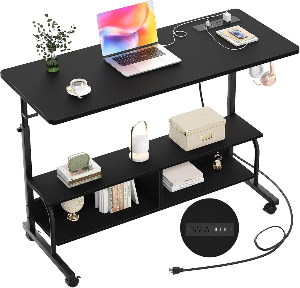 Armocity Rolling Standing Desk with Power Outlets, 47' Manual Height Adjustable Mobile Computer Desk with Wheels, Portable Sit Stand Laptop Couch Table for Bed & Sofa Home Office, Black