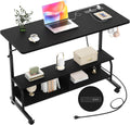 Armocity Rolling Standing Desk with Power Outlets, 47' Manual Height Adjustable Mobile Computer Desk with Wheels, Portable Sit Stand Laptop Couch Table for Bed & Sofa Home Office, Black