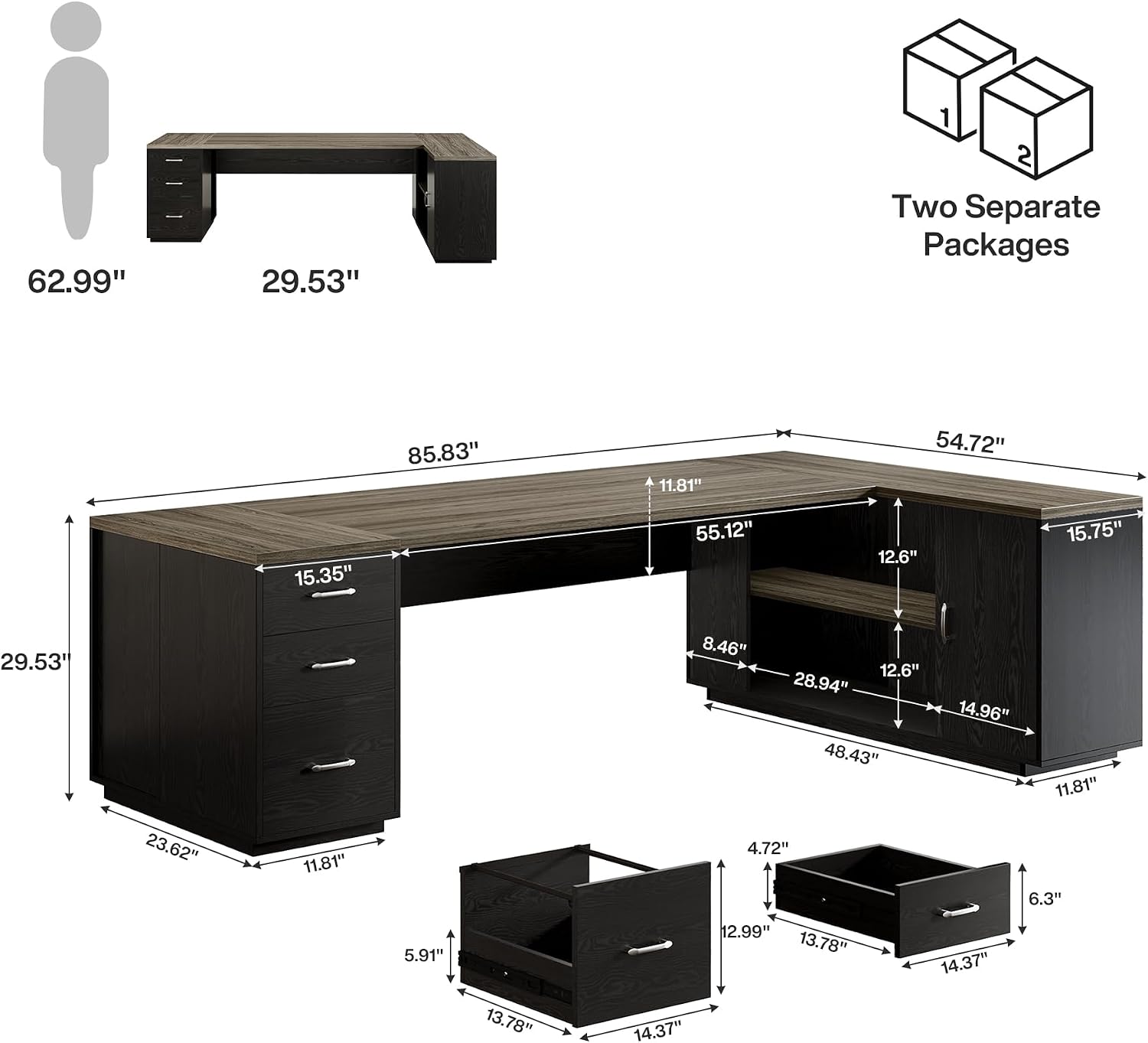Tribesigns 85.8-Inch L-Shaped Executive Desk with File Drawers, Door Cabinet & Shelves, Extra Large Commercial Office Desk, Modern Professional Office Table Business Furniture, Grey & Black