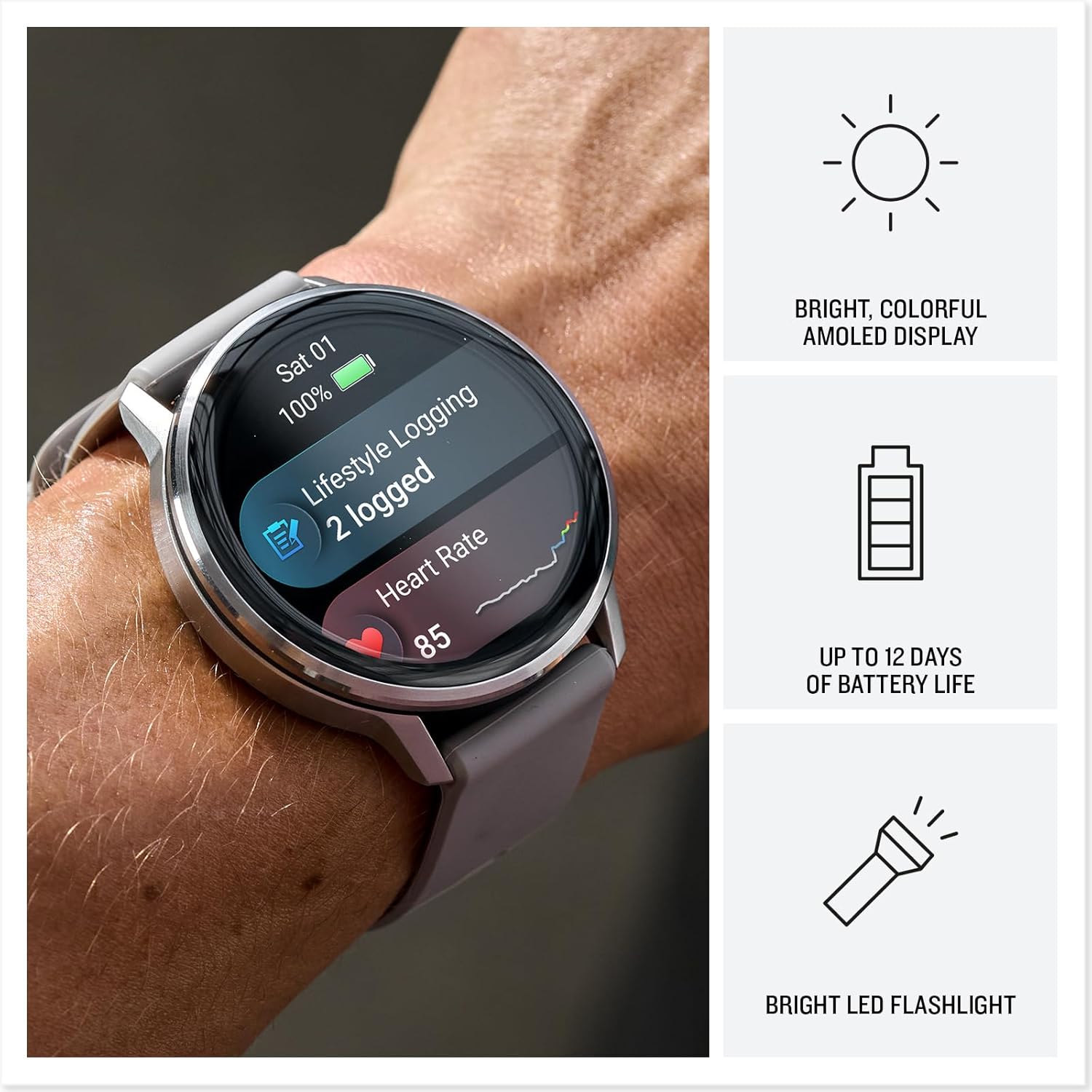 Garmin Venu® 4, 45mm, Advanced Health and Fitness GPS Smartwatch, Bright and Colorful Display, Built-in Flashlight, 12 Days of Battery Life, Silver with Silver Gray Silicone Band