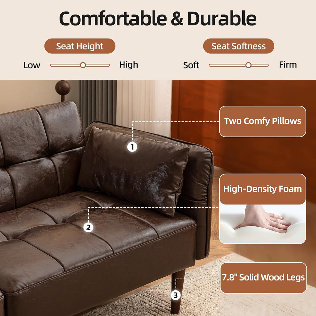 HALLYBEE 85' Futon Sofa Bed, Sleeper Sofa, Small Couch with Storage Adjustable Armrests Pillows, Faux Leather Loveseat, Mid Century Modern Couches for Living Room, Bedroom, Apartment, Coffee Brown
