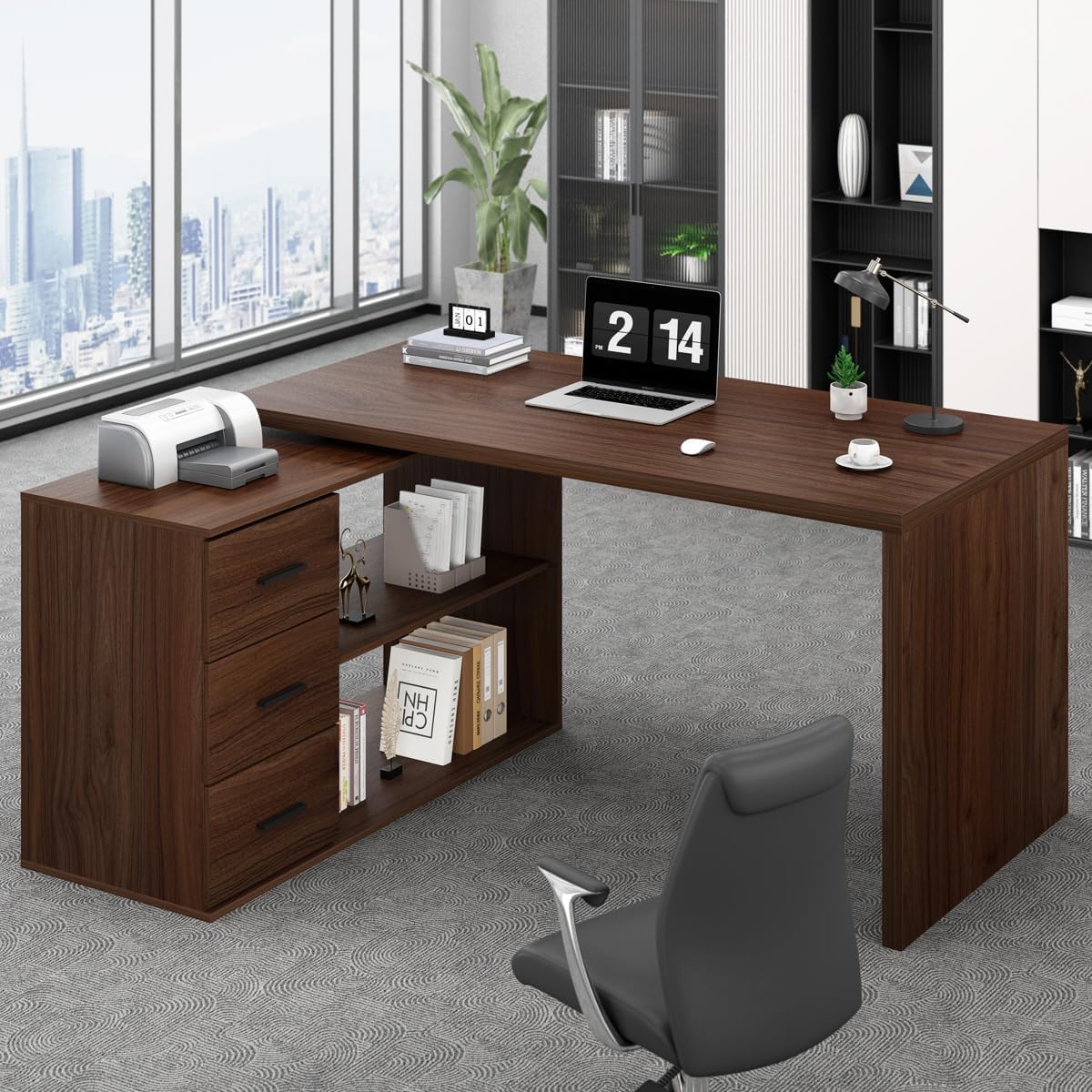 HSH Walnut Home Office Desk L Shaped with Drawers, Reversible Wood Computer Desk Table for Executive Work Writing Study Gaming, Rustic Corner L Desk with Storage Cabinet Shelves for Bedroom, 55 Inch