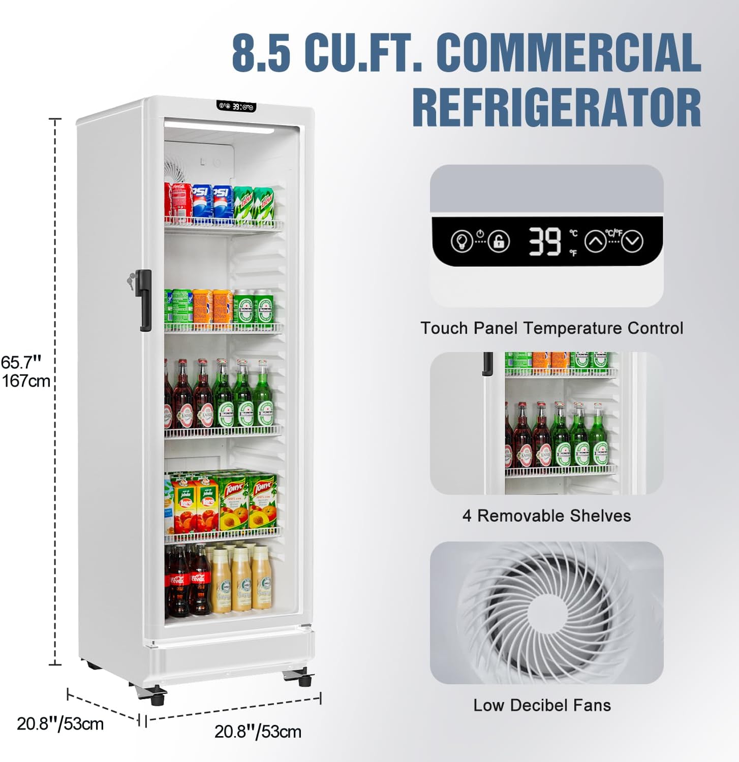 BEYOU Beverage Refrigerator, 8.5 cu. Ft Commercial Refrigerator Merchandiser with single Glass Door, Display Fridge for Living Room, Bar, Garage（White）