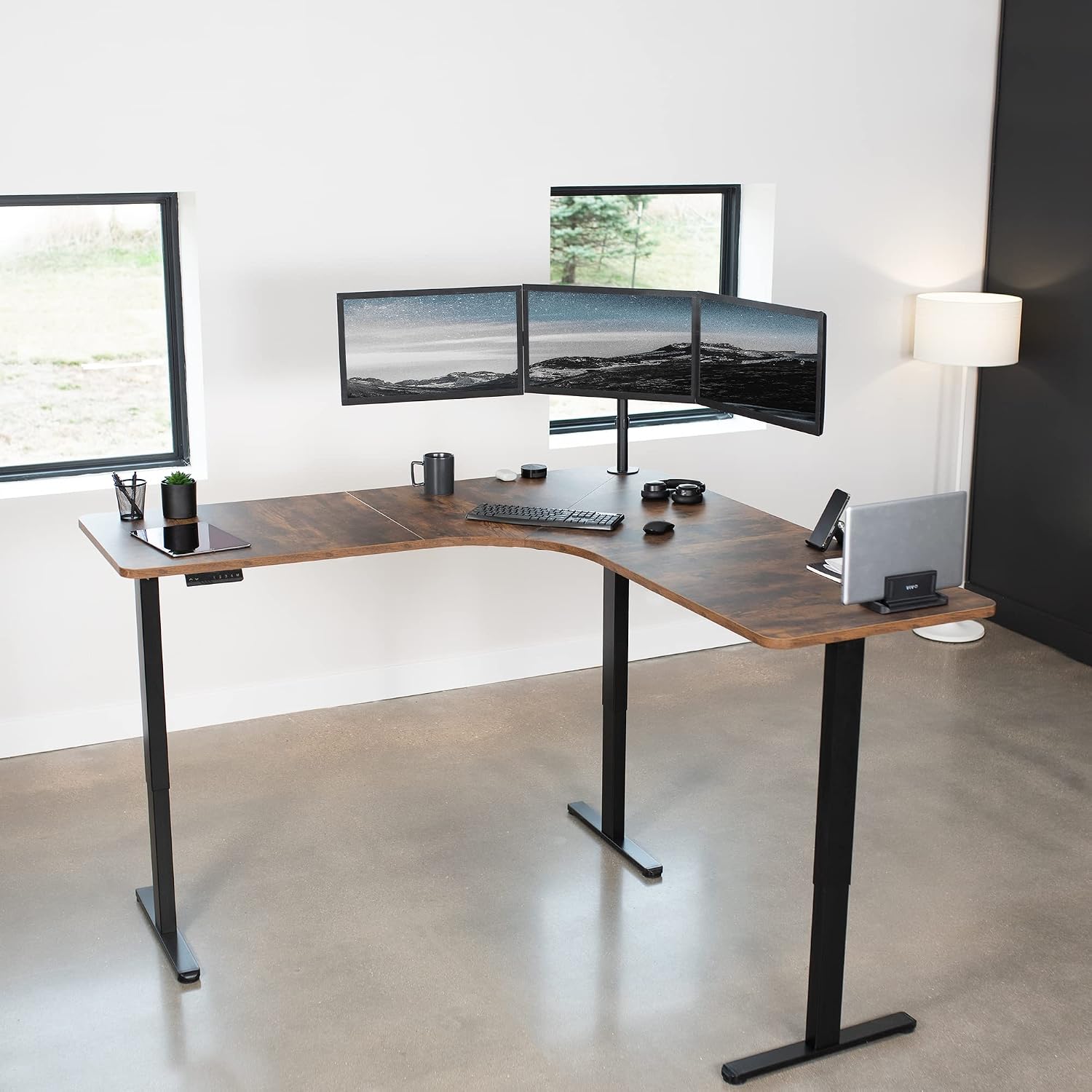 VIVO Universal 71 x 71 inch Curved Corner Table Top for L-Shape Sit to Stand Height Adjustable Home and Office 3-Leg Desk Frames, Rustic Vintage Brown Desktop, DESK-TOP2CN