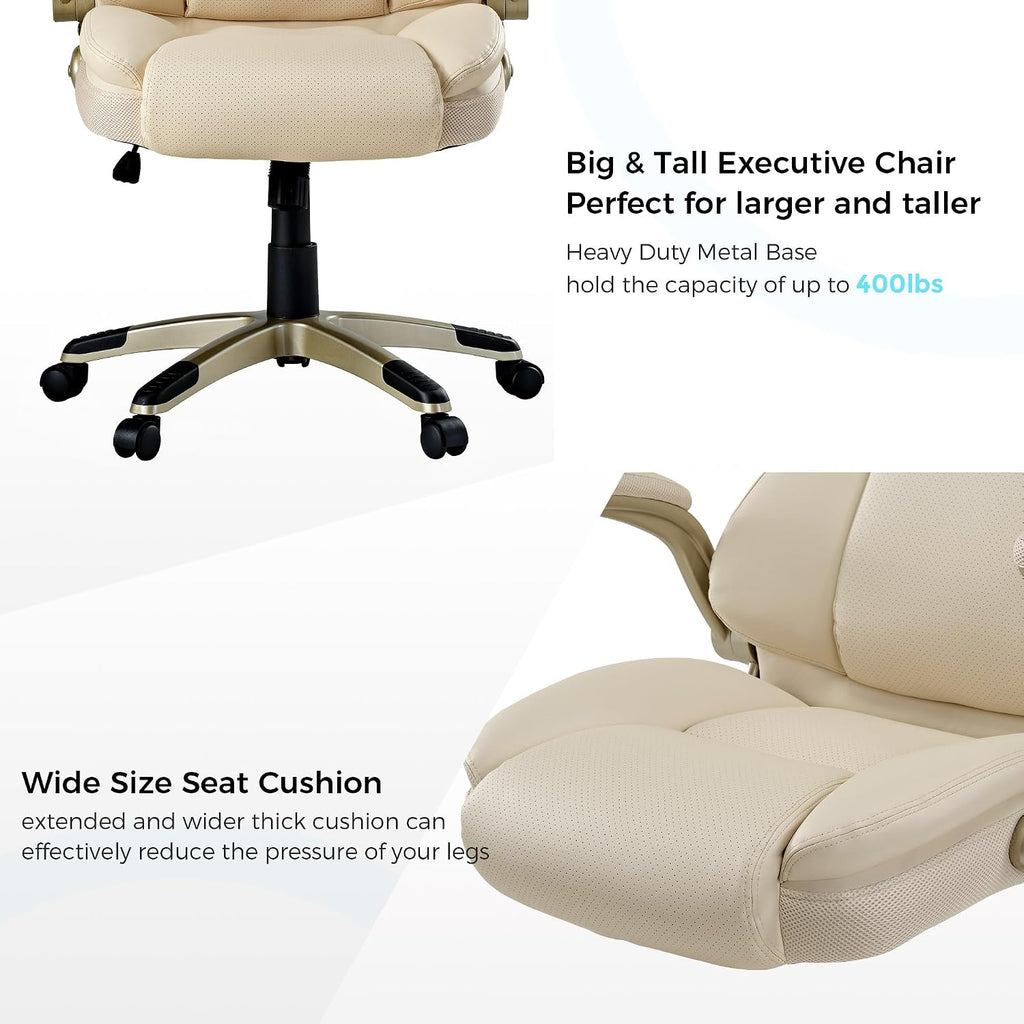 EUREKA ERGONOMIC Galene Executive Office Chair Flip Up Arm Rest, Ergonomic Desk Chair Faux Leather Computer Chair, High Back Office Chair with Headrest, Home Office Desk Chairs with Wheels, Beige