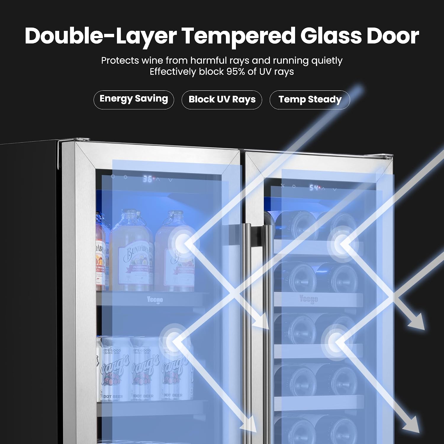 Yeego Wine and Beverage Refrigerator, 30 Inch Dual Zone Wine Fridge with Glass Door, 36-72℉ Beer Cooler Holds 33 Bottles and 80 Cans, Built-In or Freestanding Beverage Cooler for Home Bar Office
