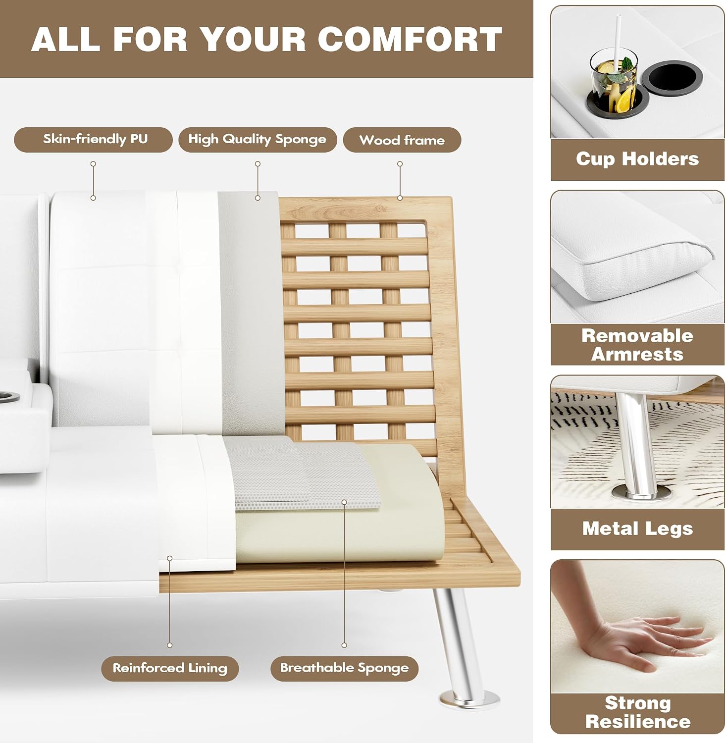 Homall Futon Sofa Bed, Leather Futon Couch with Removable Armrests, Adjustable Recliner Sleeper Sofa Bed with Dual Cup Holders for Living Room, Apartment, Office (White)