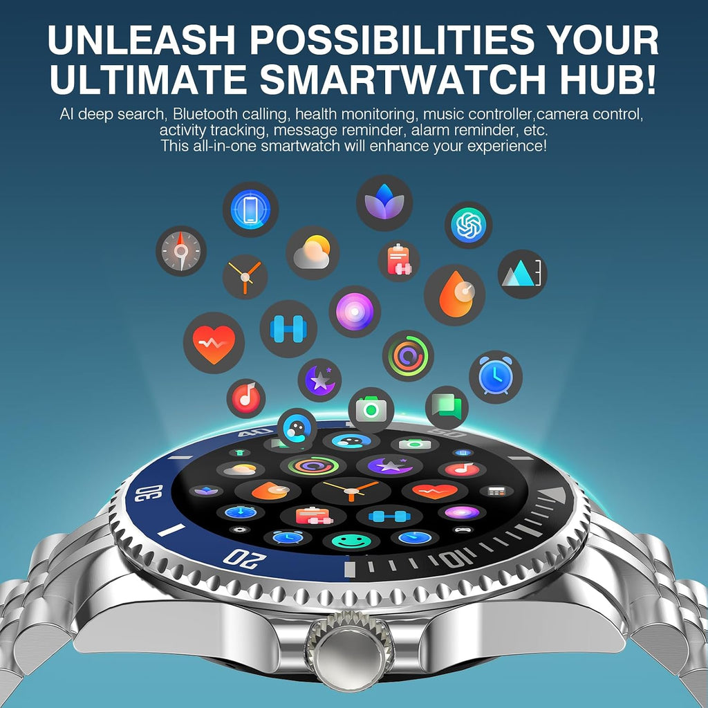 SOUYIE 2025 DA GPT Smart Watch for Men, Heart Rate, Blood Pressure, Blood Oxygen, Sleep Monitor, 107 Sports Modes, 1.19-inch AMOLED Display, Waterproof Round Watch, Compatible Android iOS Silver Blue
