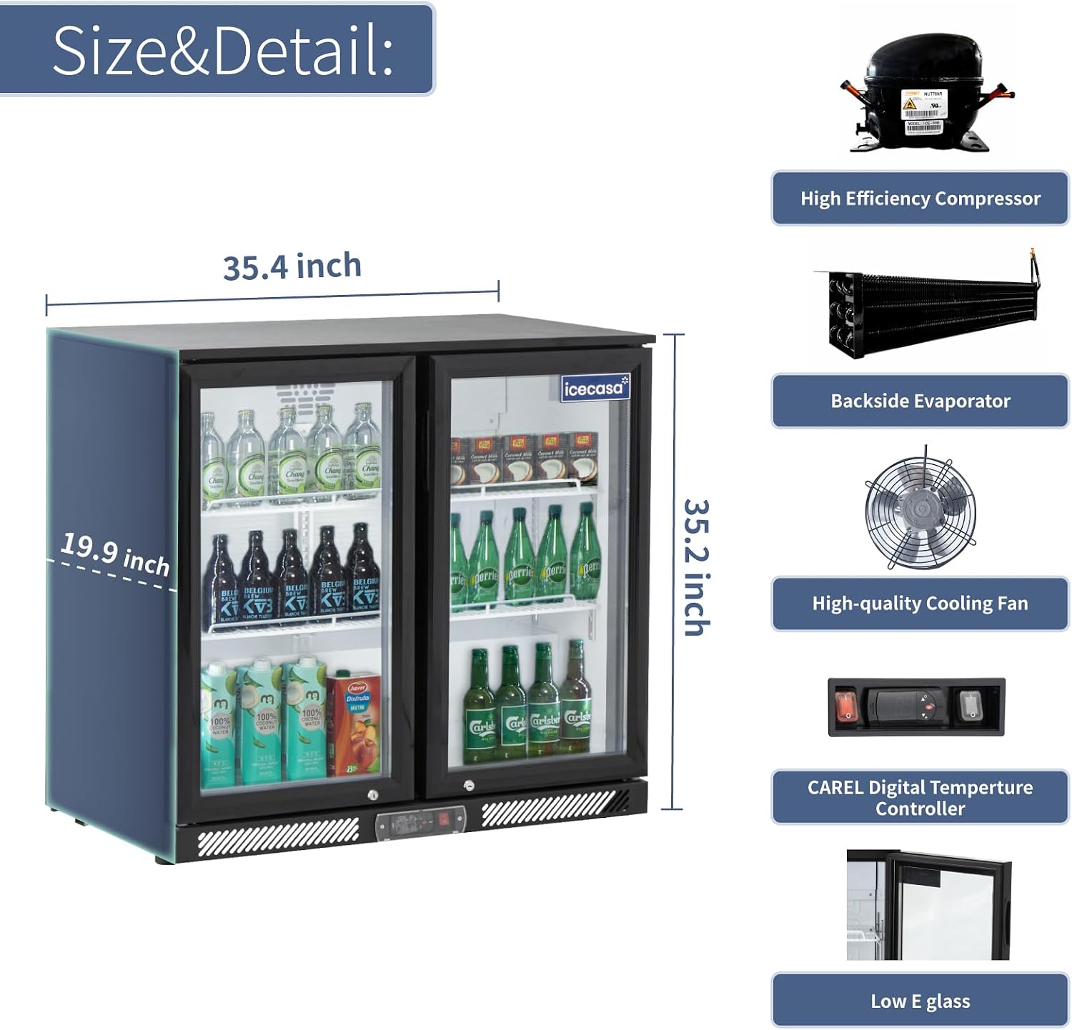 ICECASA 36' W Beverage Refrigerators 2 Glass Door Back Bar Refrigerator Commericial Undercounter cooler Wine Merchandiser 7.8 Cu.ft for Soda Beer