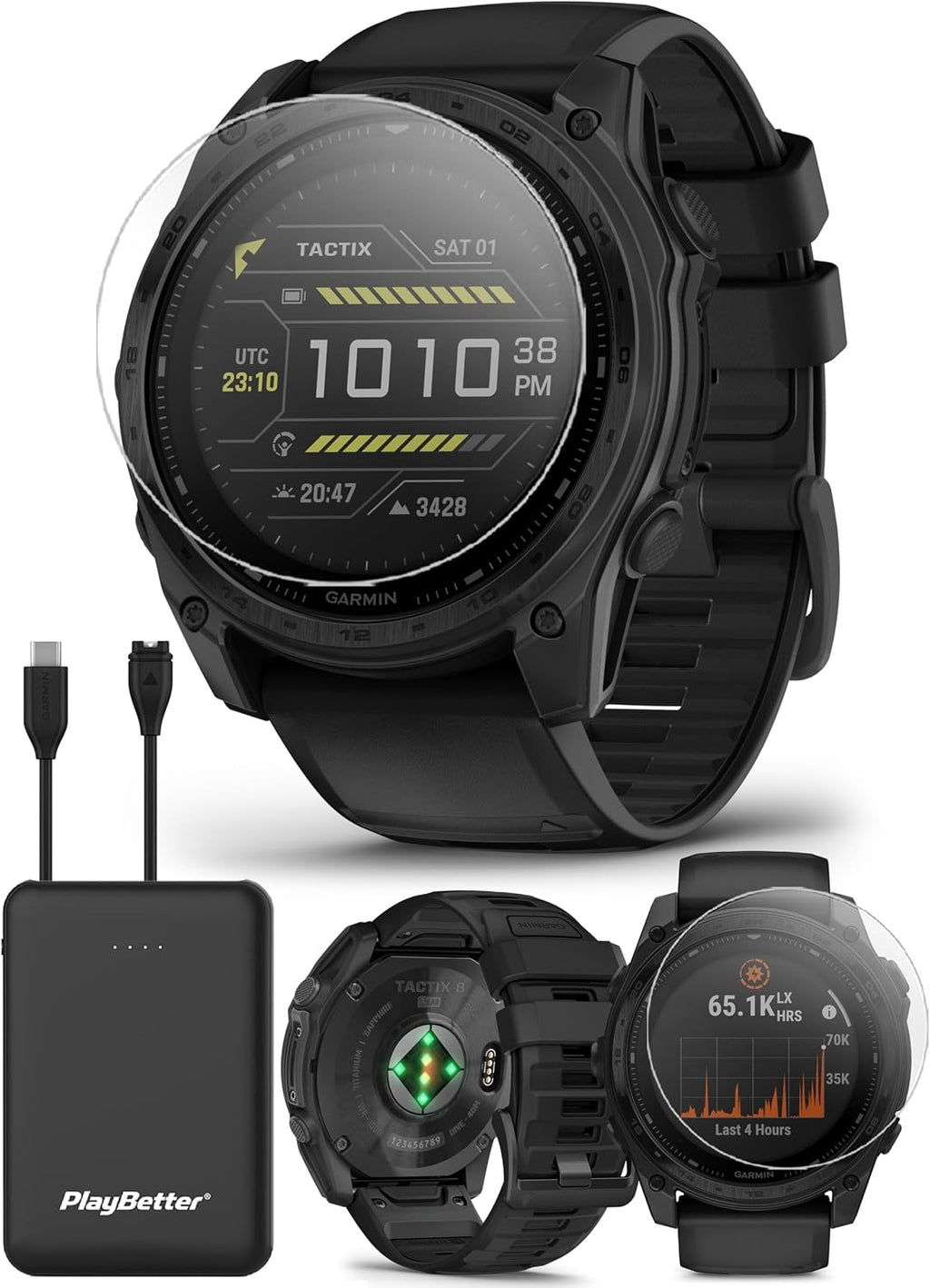 Garmin tactix 8 Solar: AB Elite (51mm) Premium Tactical GPS Smartwatch Bundle - Applied Ballistics Ultralight Solver, Built-in LED Flashlight with PlayBetter Portable Charger & HD Screen Protectors