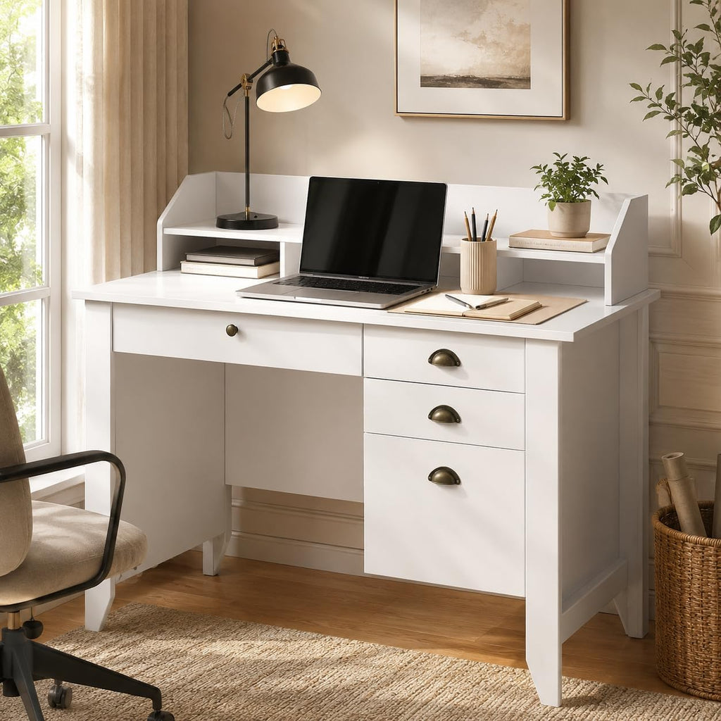 4 EVER WINNER White Desk with Drawers, 47'' Small Desk with File Drawer for Small Spaces, Wood Computer Desk with Monitor Stand for Home Office, Bedroom, White