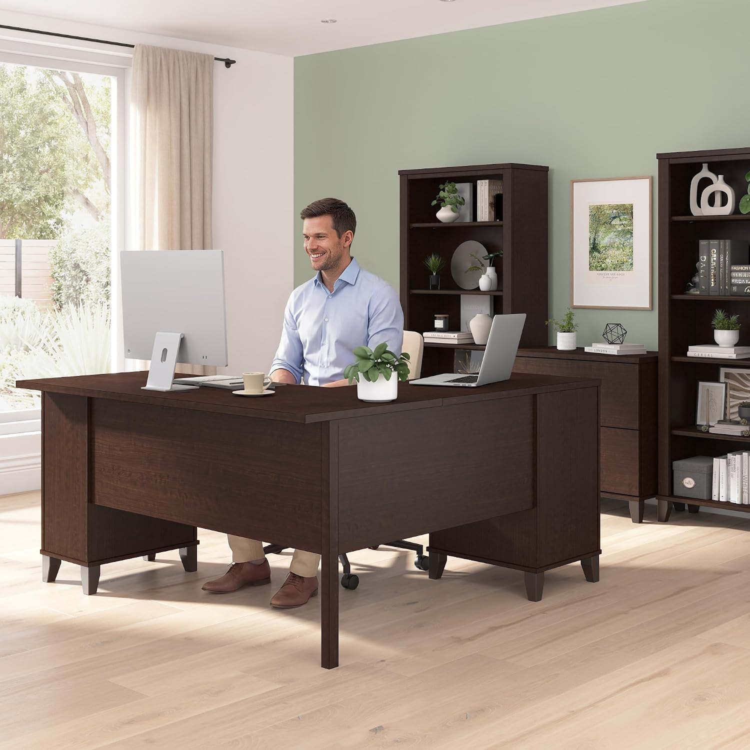 Bush Home 60-Inch L-Shaped Desk with Storage, Corner Computer Office Desk with Drawers and Storage Cabinet, Home Office Furniture, Somerset Collection, Mocha Cherry